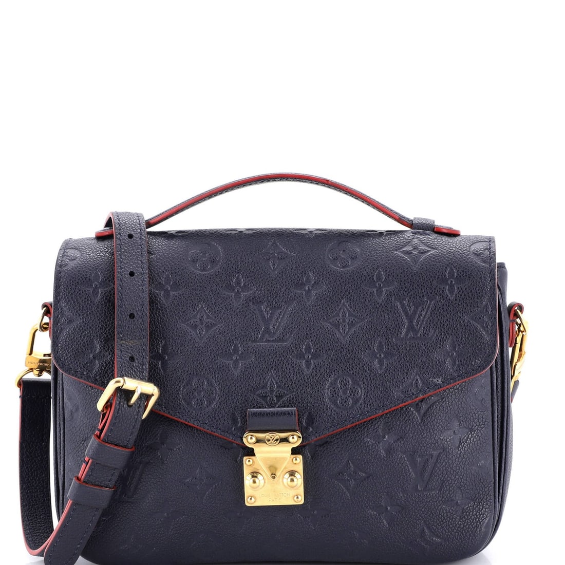 Louis Vuitton Leather Empreinte Monogram Pochette: Louis Vuitton Leather Empreinte Monogram Pochette Blue Louis Vuitton Leather Empreinte Monogram Pochette with Gold Hardware, featuring edge wear and minor scuffs on the exterior, and a red interior.