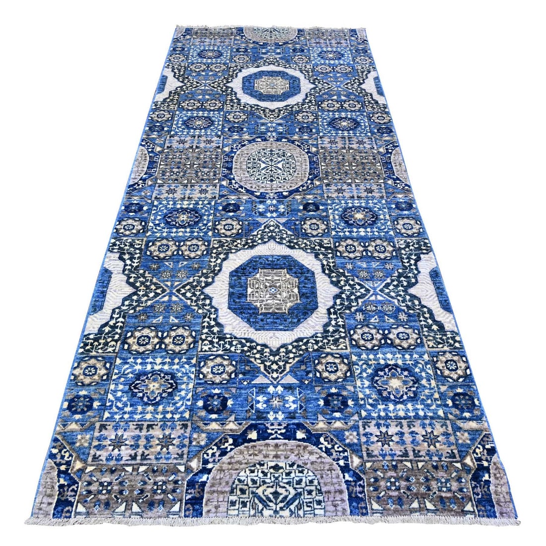 4'x9'10" Blue Fine Aryana Soft Wool Hand Knotted Oriental Rug: 4'x9'10" Blue Fine Aryana Soft Wool Hand Knotted Oriental Rug Hand-knotted in fine Aryana soft wool, this stunning blue Oriental runner rug boasts an intricate regional design from Afghanistan. With