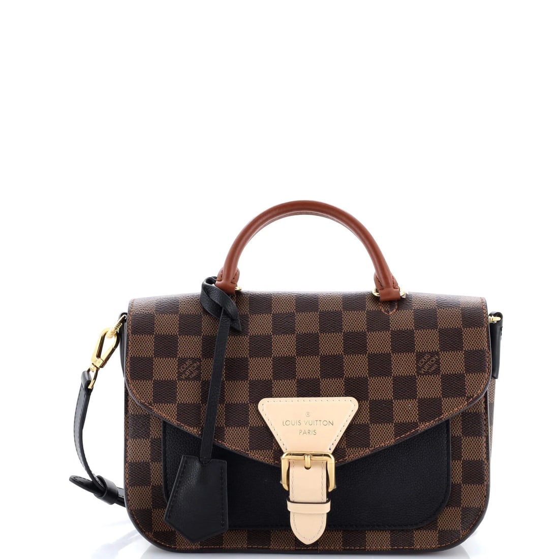 Handbag Damier with Leather Louis Vuitton: Handbag Damier with Leather Louis Vuitton Brown Damier Handbag with Leather Exterior, featuring a classic shoulder bag design. This stylish Louis Vuitton bag boasts canvas coated leather and gold