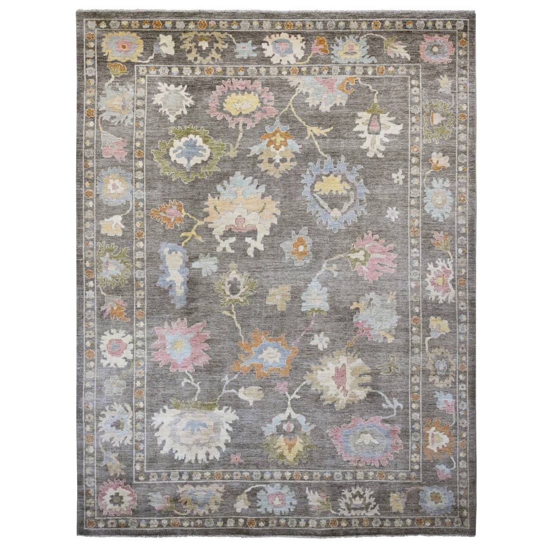 Brown Angora Oushak Leaf Design Hand Knotted Wool 11'10"X15'9" All XL Rug: Brown Angora Oushak Leaf Design Hand Knotted Wool 11'10"X15'9" All XL Rug Brown Angora Oushak Leaf Design Hand Knotted Wool Rug, measuring 11'10" x 15'9" in a rectangular field design with brown