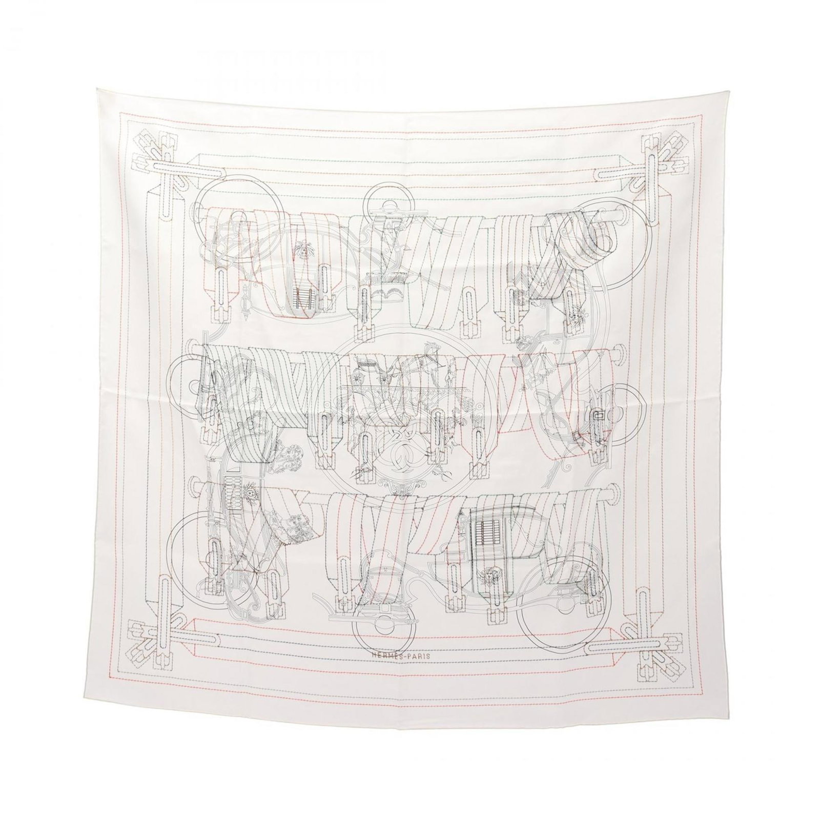 Hermes silk scarf: Hermes silk scarf Silk scarf from renowned French luxury brand Hermes, featuring a vibrant multi-color design with white accents. Made from high-quality silk, measuring 88cm x 88cm in size. This elega