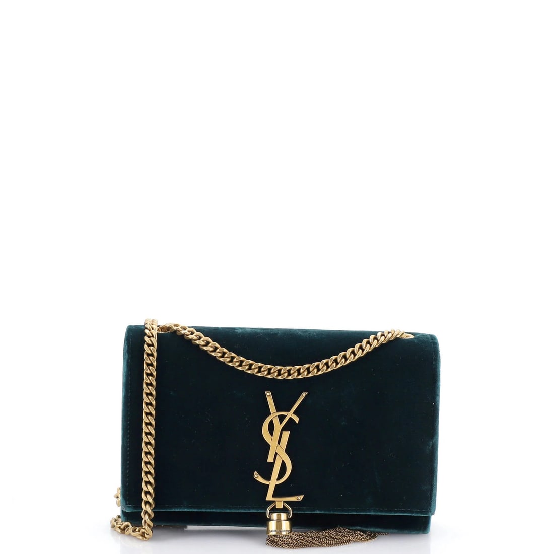 Velvet Crossbody Bag with Tassel Monogram from Saint Laurent: Velvet Crossbody Bag with Tassel Monogram from Saint Laurent Small Saint Laurent Velvet Crossbody Bag with Tassel Monogram features a luxurious velvet exterior in green and classic monogram