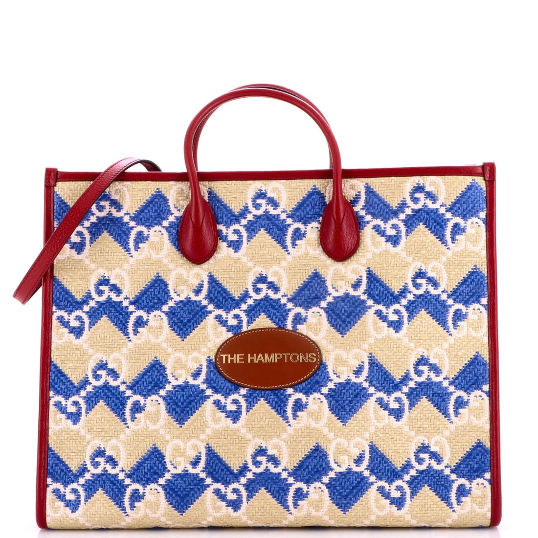 Gucci large raffia straw effect open tote convertible destination: Gucci large raffia straw effect open tote convertible destination Raffia straw effect Gucci large tote with convertible destination style, featuring multicolor exterior and neutral interior. This