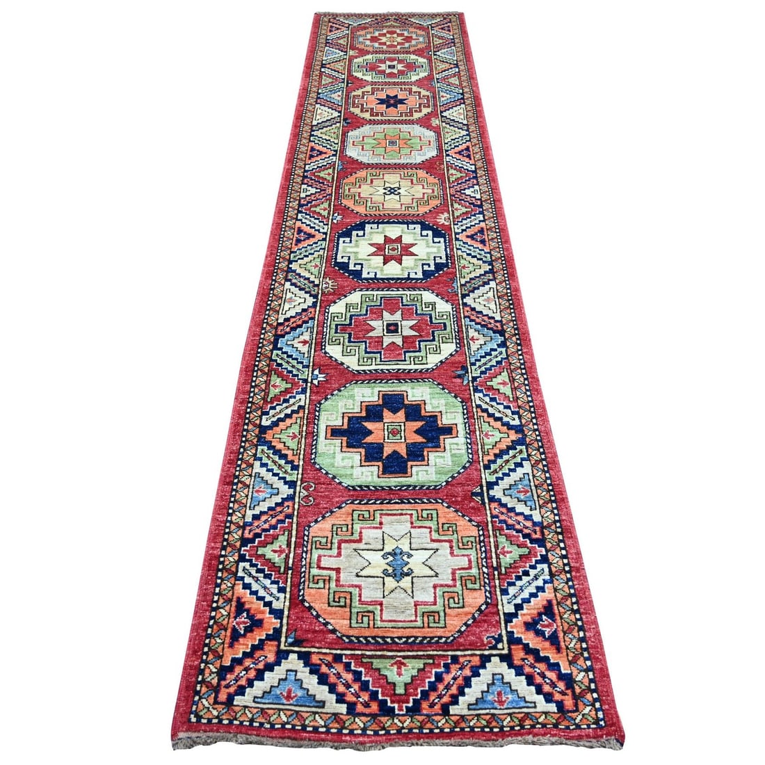 2'7"x12'6" Red Afghan Ersari Elephant Feet Design Hand Knotted Wool Runner (1 of 6)