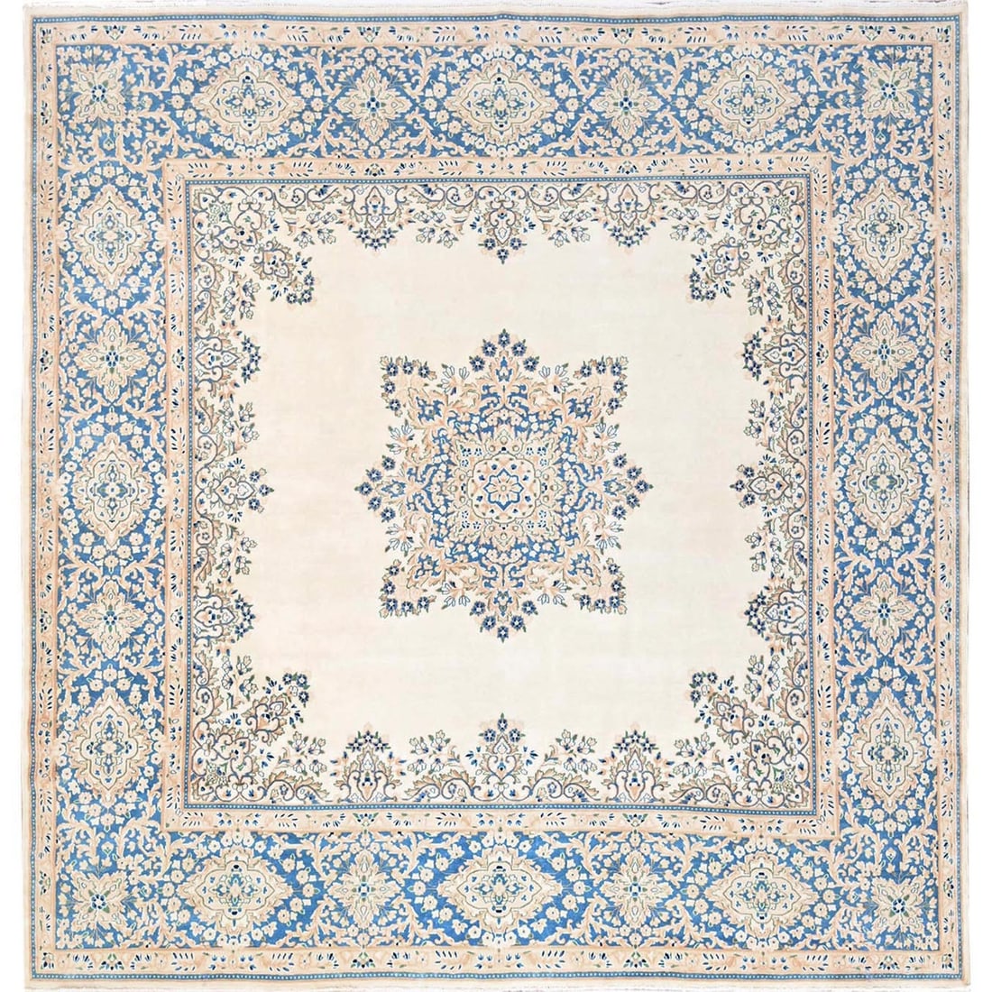 10'x10' Ivory Vintage Zoroastrian Karman Square Soft Wool Hand Knotted Rug: 10'x10' Ivory Vintage Zoroastrian Karman Square Soft Wool Hand Knotted Rug This stunning 10'x10' Ivory Vintage Zoroastrian Karman Square Soft Wool Hand Knotted Rug boasts intricate medallion patterns 