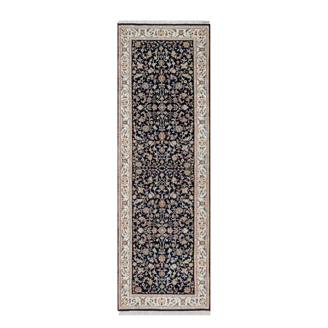 2'7"x8'1" Midnight Blue Wool and Silk Nain Hand Knotted Runner Rug: 2'7"x8'1" Midnight Blue Wool and Silk Nain Hand Knotted Runner Rug Midnight blue wool and silk Nain hand knotted runner rug boasts an elegant field color with subtle nuances, set against a rich blue b
