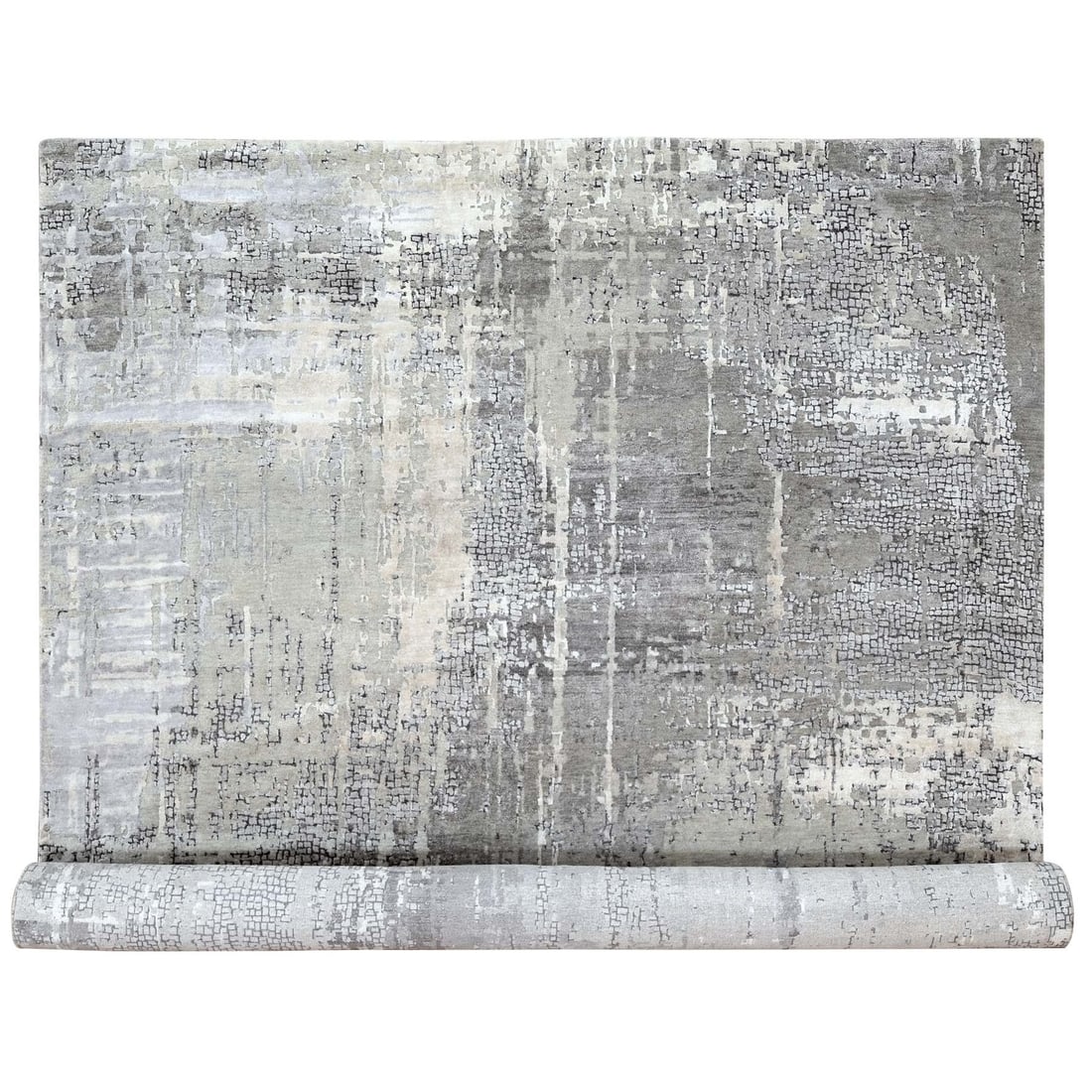 10'x13'10" Gray Abstract with Mosaic Design Wool & Silk Hand Knotted Rug: 10'x13'10" Gray Abstract with Mosaic Design Wool & Silk Hand Knotted Rug Abstract, hand-knotted wool and silk rug with a unique gray mosaic design. This rectangular field rug measures 10'0" x 13'10" a