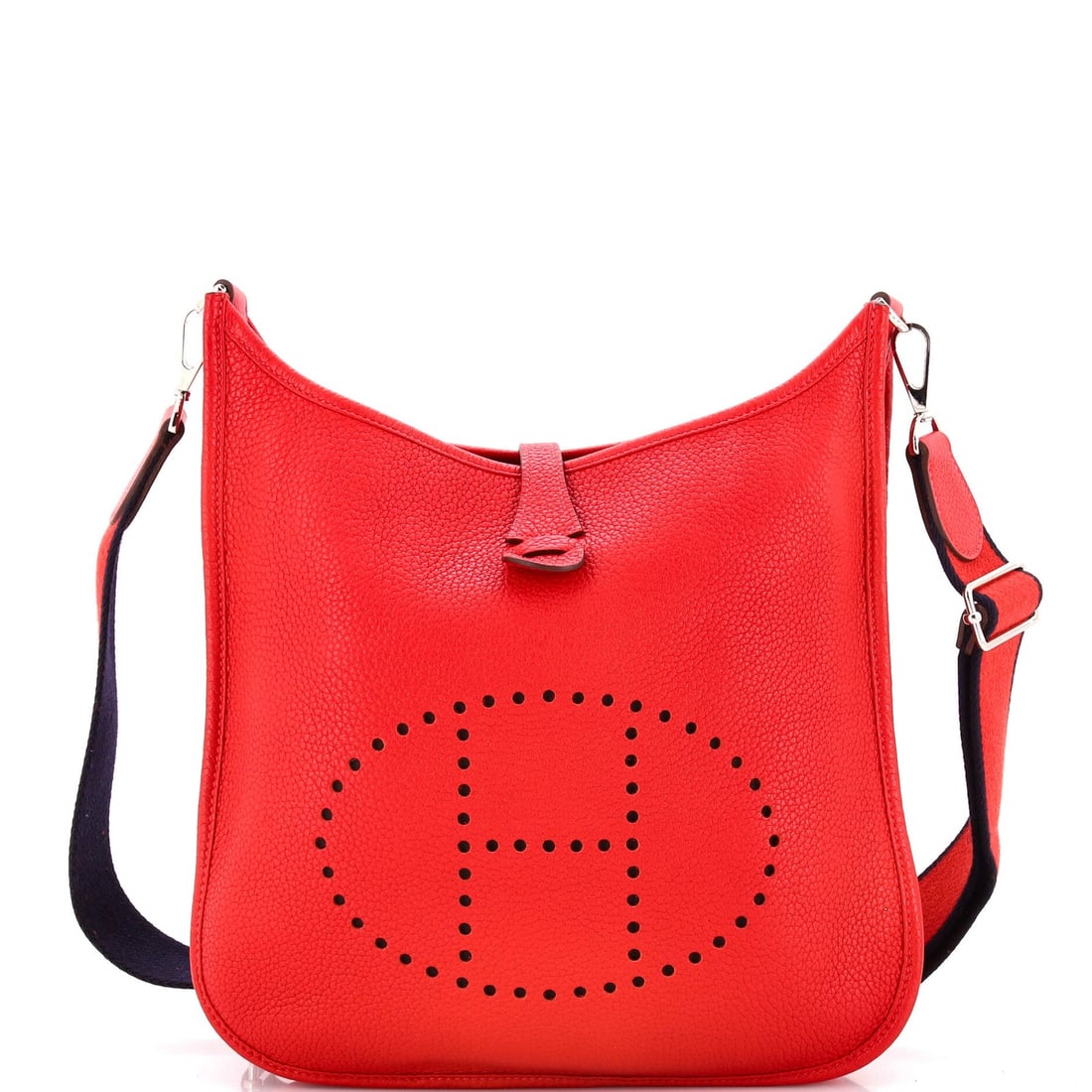 Evelyne Bag Hermes Gen III Clemence: Evelyne Bag Hermes Gen III Clemence The Evelyne Bag Gen III Clemence PM from Hermes boasts a striking red exterior with minor scuffs, creases, and edge wear. This cross-body bag features a Palladium h