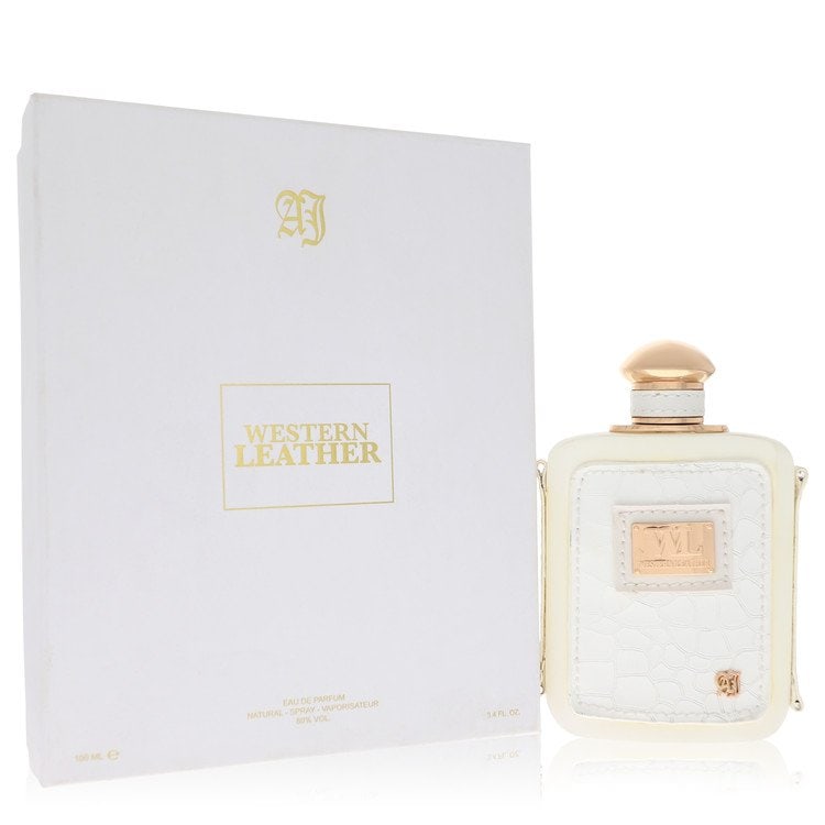 Western Leather by Alexandre J Eau De Parfum Spray 3.4 oz: Western Leather by Alexandre J Eau De Parfum Spray 3.4 oz Soft and fruity with a practical and tangy edge, Western Leather White by Alexandre J Eau De Parfum Spray opens with sharp notes of green appl
