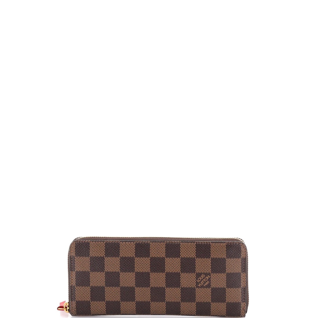 Damier Clemence Wallet by Louis Vuitton: Damier Clemence Wallet by Louis Vuitton Brown canvas coated Damier Clemence Wallet by Louis Vuitton, featuring a classic design with red leather interior and gold hardware. The wallet measures