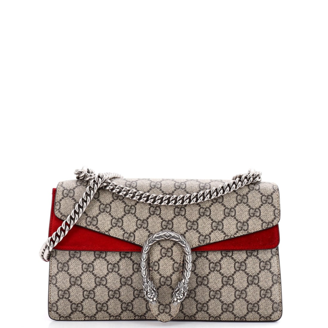 Gucci Dionysus Bag GG Coated Canvas Small: Gucci Dionysus Bag GG Coated Canvas Small The Gucci Dionysus Bag GG Coated Canvas Small features a striking red exterior with canvas coated suede details, adding a touch of luxury to its sleek design.