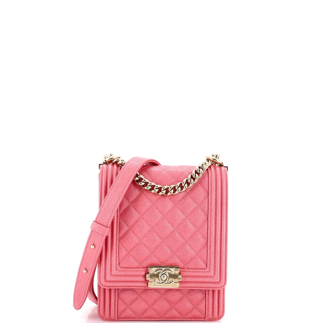 Quilted small caviar boy north south bag flap Chanel: Quilted small caviar boy north south bag flap Chanel Pink quilted caviar leather exterior, gold tone hardware, and interior fabric all in pink create a visually striking design on the North South Boy