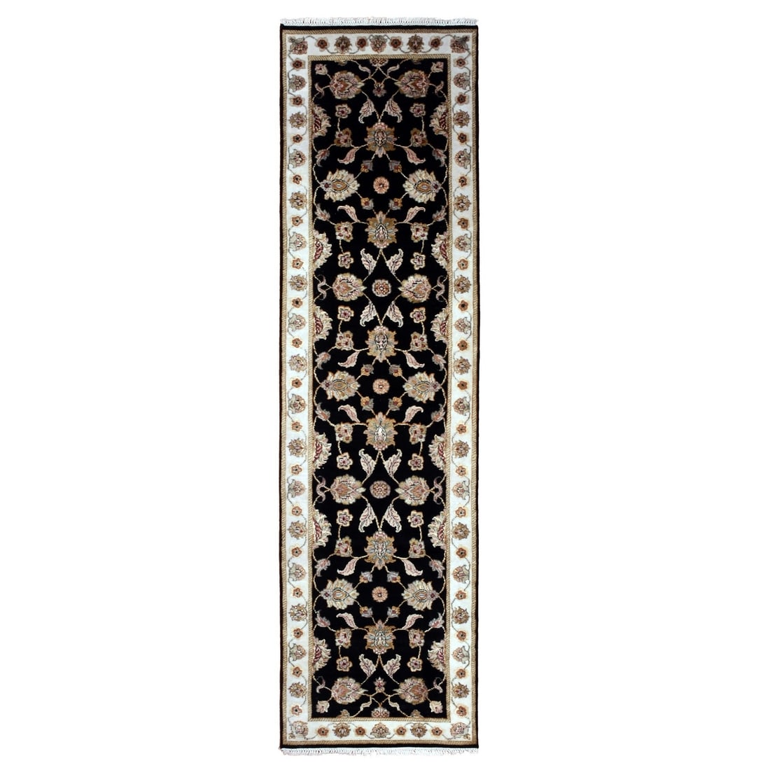 2'7"x10' Black Wool Silk Hand Knotted Rajasthan Leaf Design Runner Rug: 2'7"x10' Black Wool Silk Hand Knotted Rajasthan Leaf Design Runner Rug Black Wool Silk Hand Knotted Rajasthan Leaf Design Runner Rug measures 2'7" x 10', featuring an intricate flatweave design with a