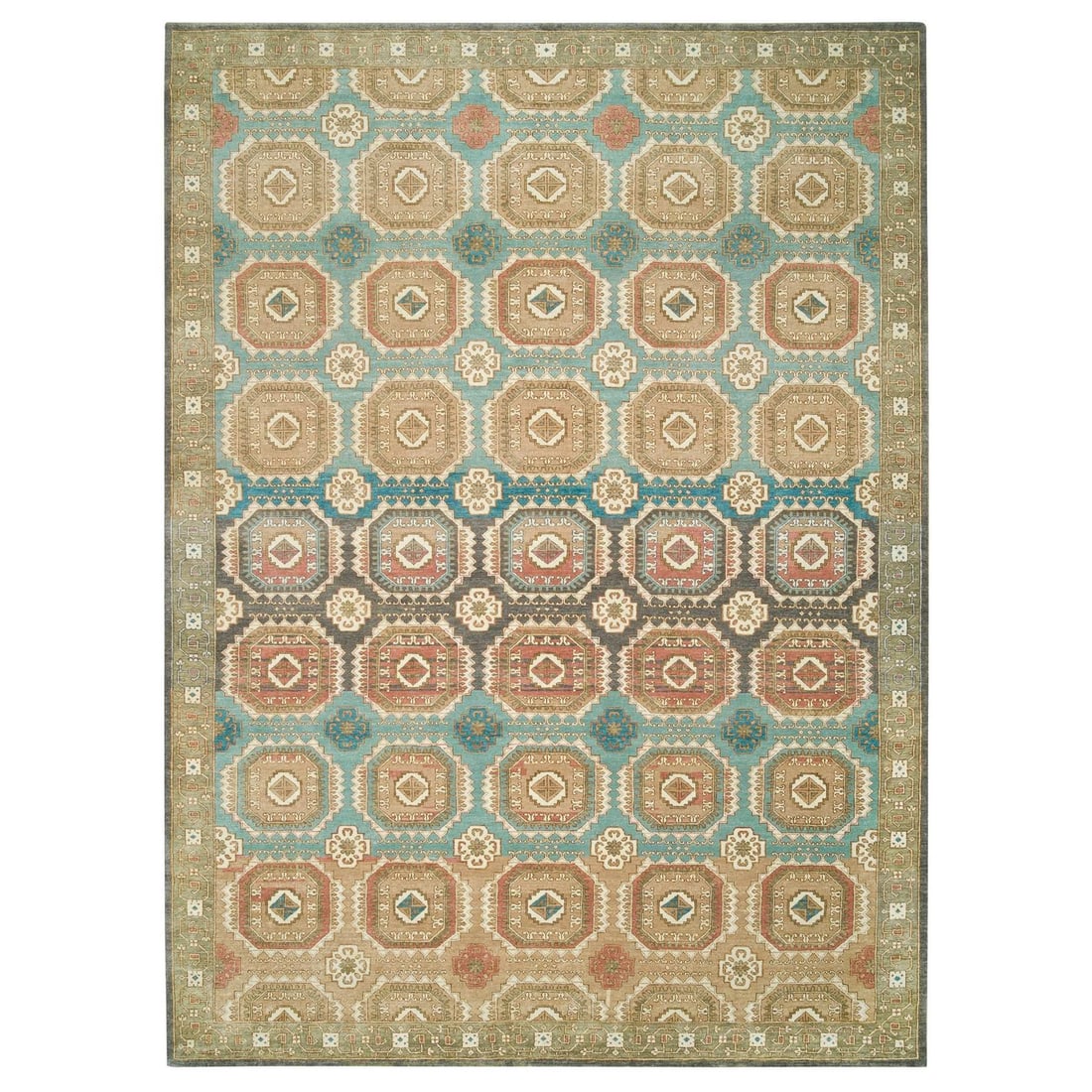 10'x14' Hand Spun Wool Natural Dyes Caucasian Gul Motifs Rug: 10'x14' Hand Spun Wool Natural Dyes Caucasian Gul Motifs Rug The 10'x14' Hand Spun Wool Natural Dyes Caucasian Gul Motifs Rug boasts an impressive rectangular field with intricate green Caucasian Gul