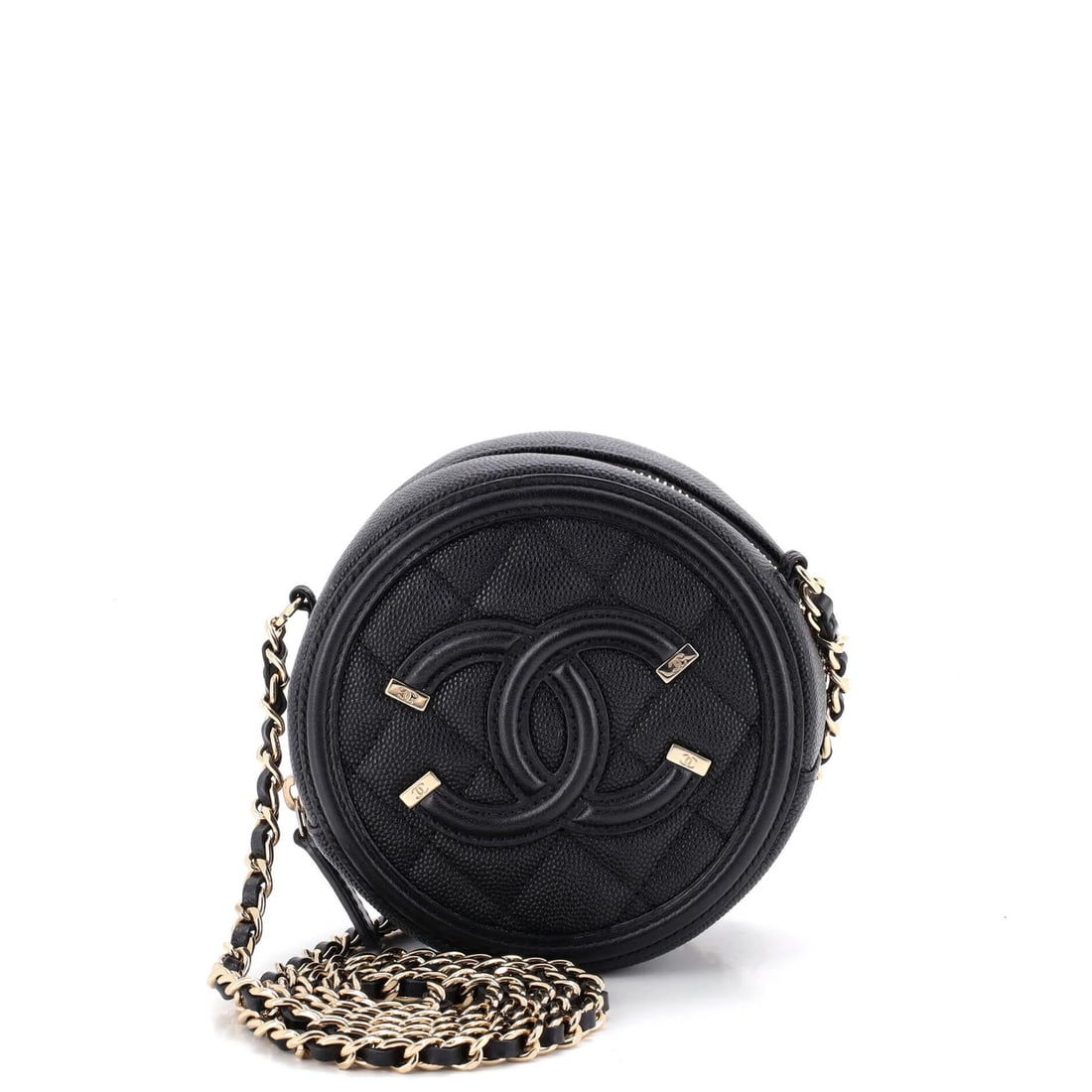 Caviar mini with chain quilted clutch round filigree Chanel: Caviar mini with chain quilted clutch round filigree Chanel Chain quilted Caviar Mini with round filigree Chanel, a stylish black leather cross body bag featuring minor scuffs and creases. The