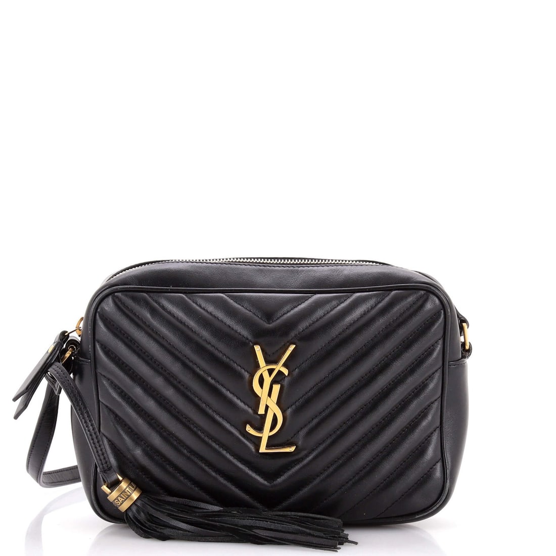 Saint Laurent Lou Camera Small Matelasse Leather Bag Chevron: Saint Laurent Lou Camera Small Matelasse Leather Bag Chevron Small Saint Laurent Lou Camera Matelasse Leather Bag in Black with Chevron Pattern, featuring heavy cracking on the zipper pull and
