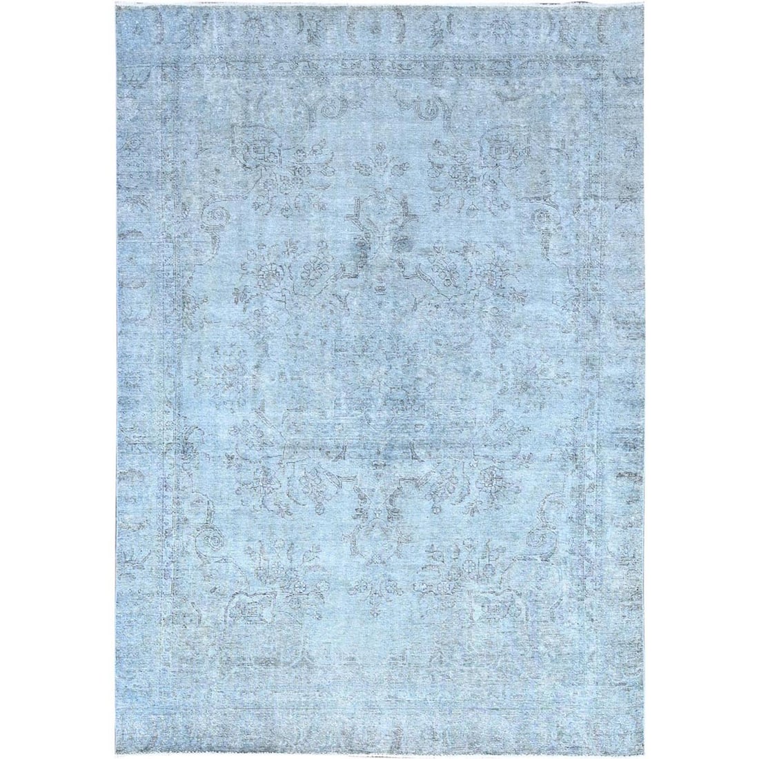Corydalis Blue Distressed Wool Hand Knotted Tebraz Oriental Rug 7'1" 9'9: Corydalis Blue Distressed Wool Hand Knotted Tebraz Oriental Rug 7'1" 9'9 Blue Distressed Wool Hand Knotted Tebraz Oriental Rug boasts a striking blue field with intricate flatweave design,