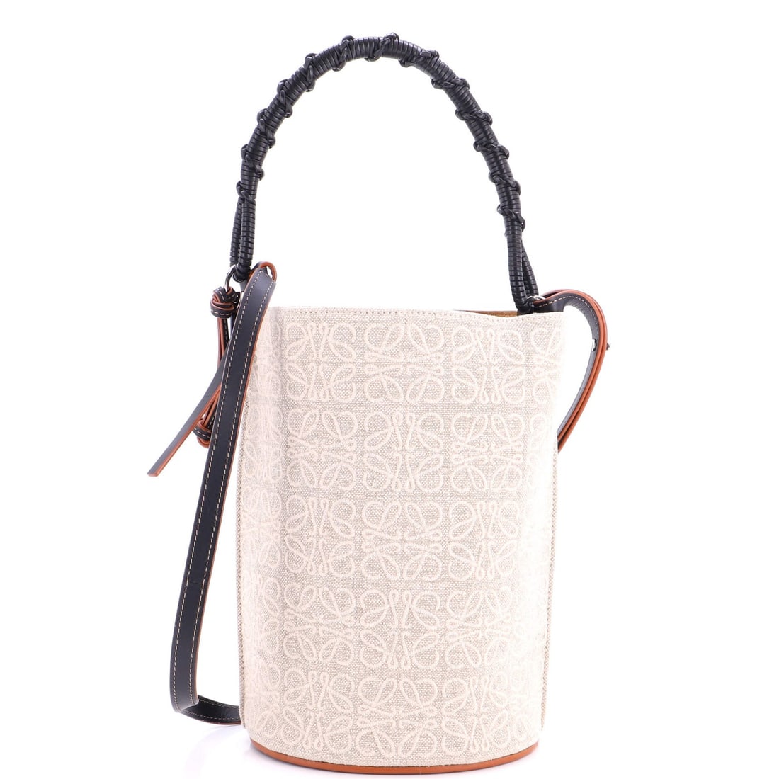 Jacquard Canvas Bag Bucket Loewe Medium Gate: Jacquard Canvas Bag Bucket Loewe Medium Gate The Loewe Medium Gate Bucket Bag features an all-black Jacquard canvas exterior with plain leather accents, adding a touch of sophistication to its sleek d