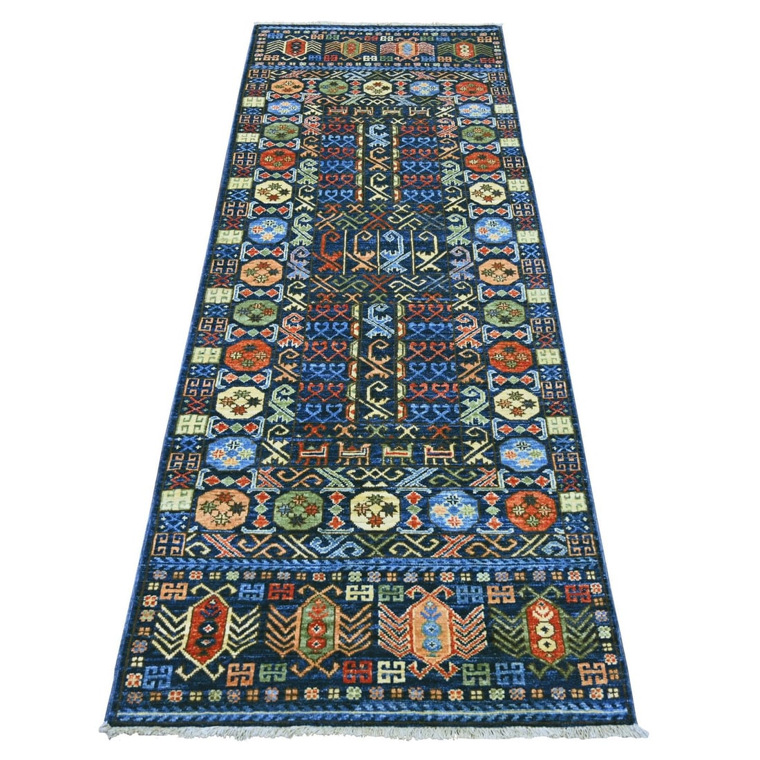 3'x7'9" Yale Blue Afghan Hutchlu Design Hand Knotted Soft Wool Runner Rug (1 of 6)