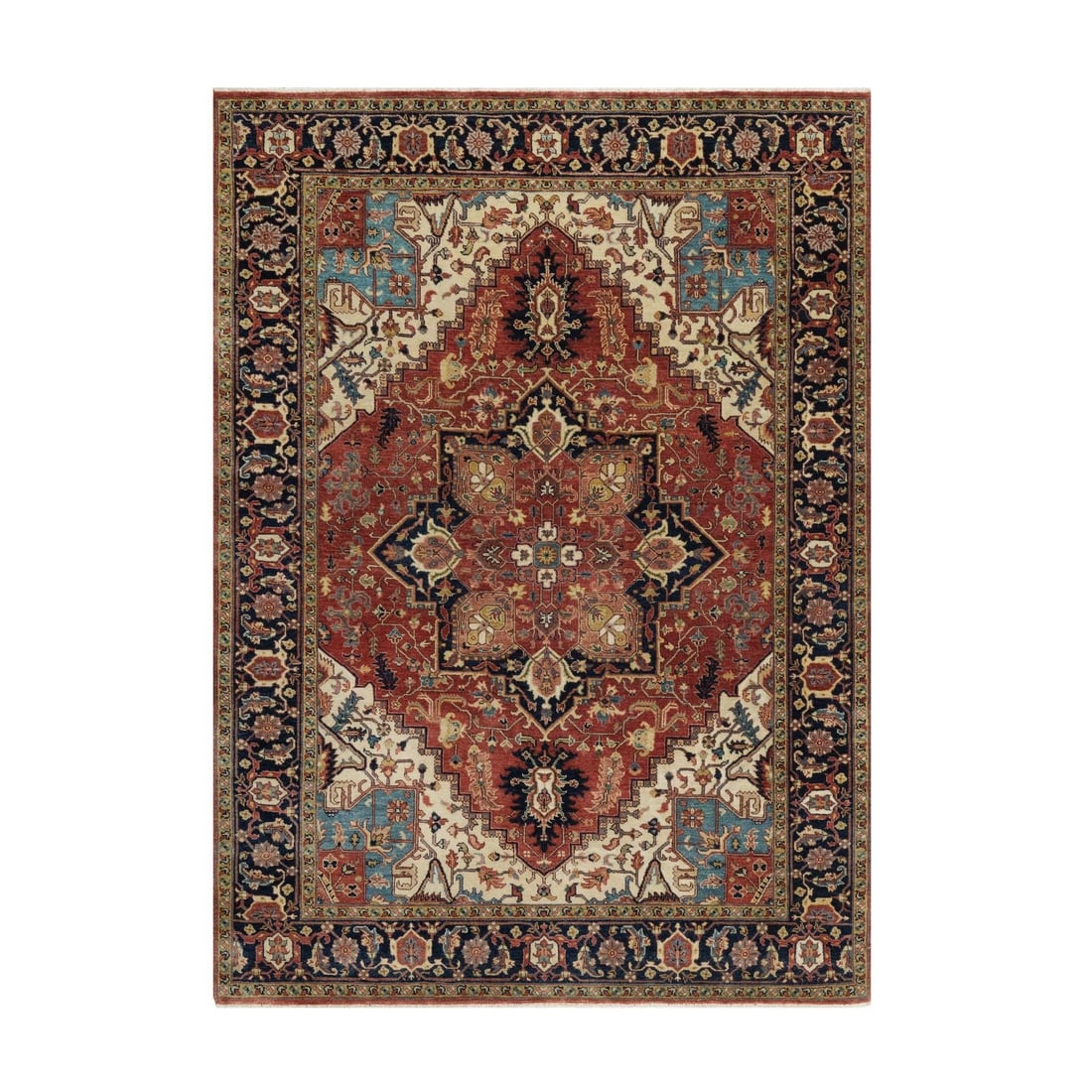 5'2"x7'2" Red Antiqued Heris Recreation New Zealand Wool Hand Knotted Rug: 5'2"x7'2" Red Antiqued Heris Recreation New Zealand Wool Hand Knotted Rug This stunning hand-knotted rug boasts an intricate geometric pattern in rich red hues, set against a midnight blue border. Mad