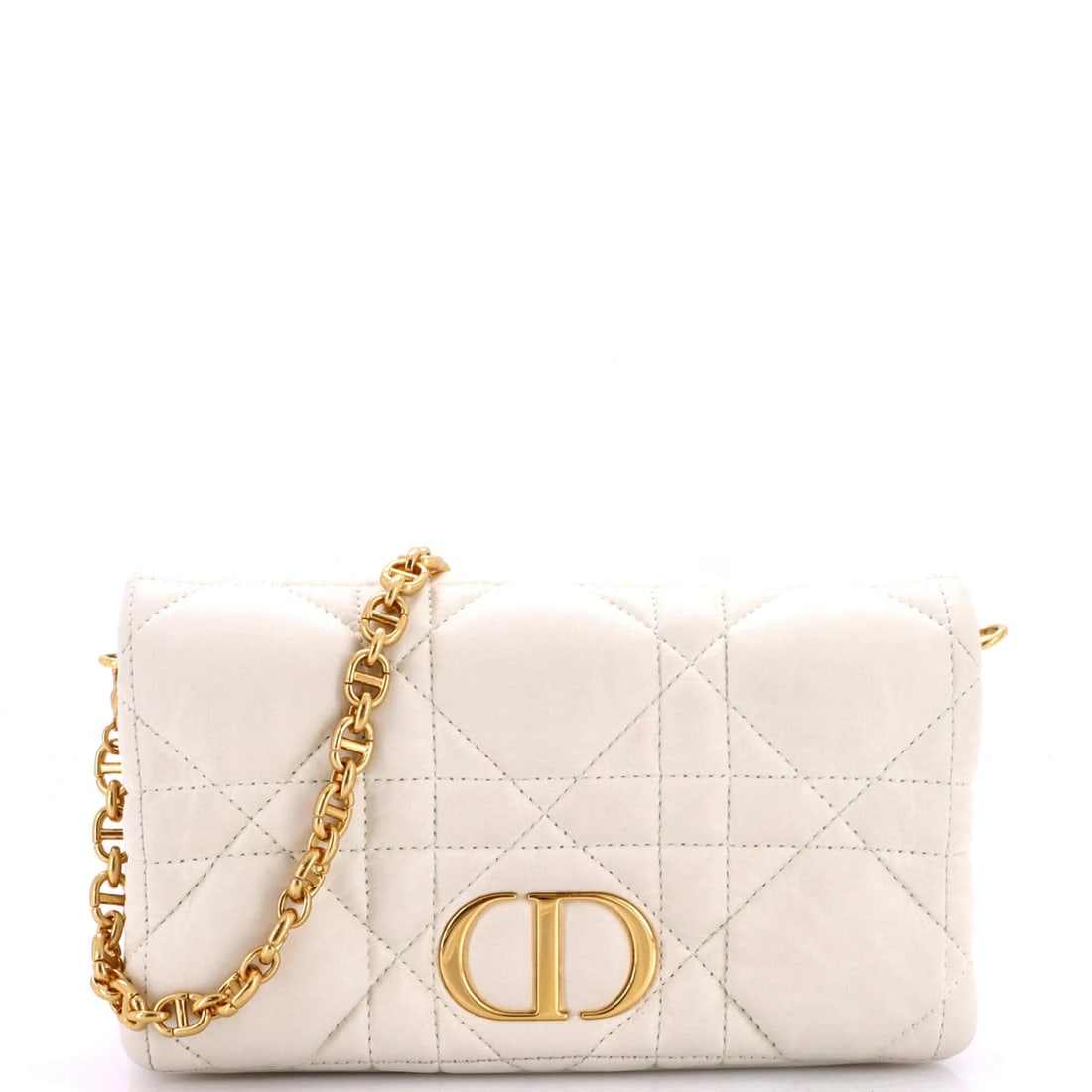 Christian Dior Caro Flap Pouch with Chain Macrocannage Quilt Calfskin Mini: Christian Dior Caro Flap Pouch with Chain Macrocannage Quilt Calfskin Mini The Christian Dior Caro Flap Pouch with Chain Macrocannage Quilt Calfskin Mini boasts sleek, white leather exterior and
