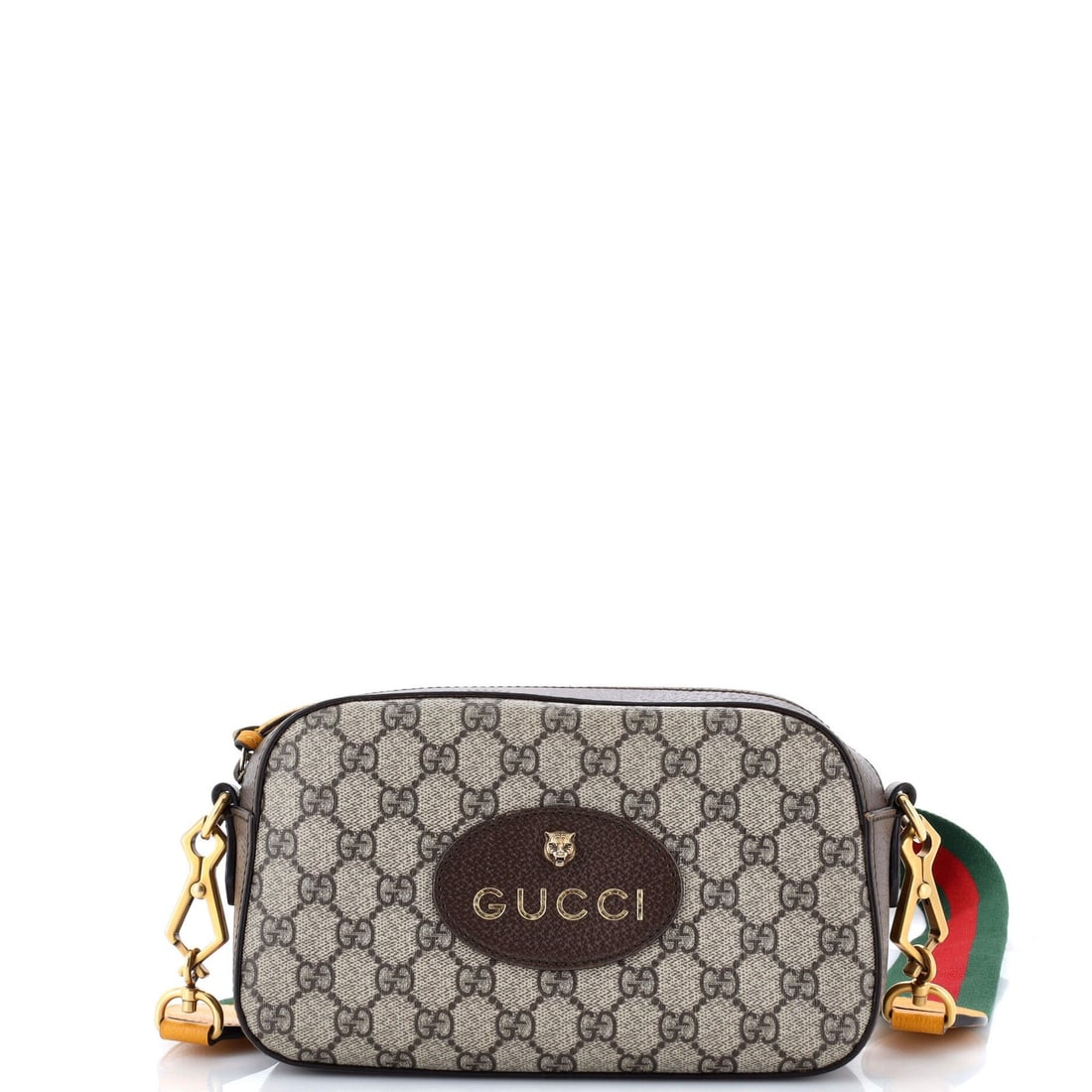 Gucci Neo Vintage Camera Bag Coated GG Canvas: Gucci Neo Vintage Camera Bag Coated GG Canvas Brown canvas coated GG canvas cross body camera messenger bag with gold hardware, featuring a neutral interior and a signature. The bag has a fair