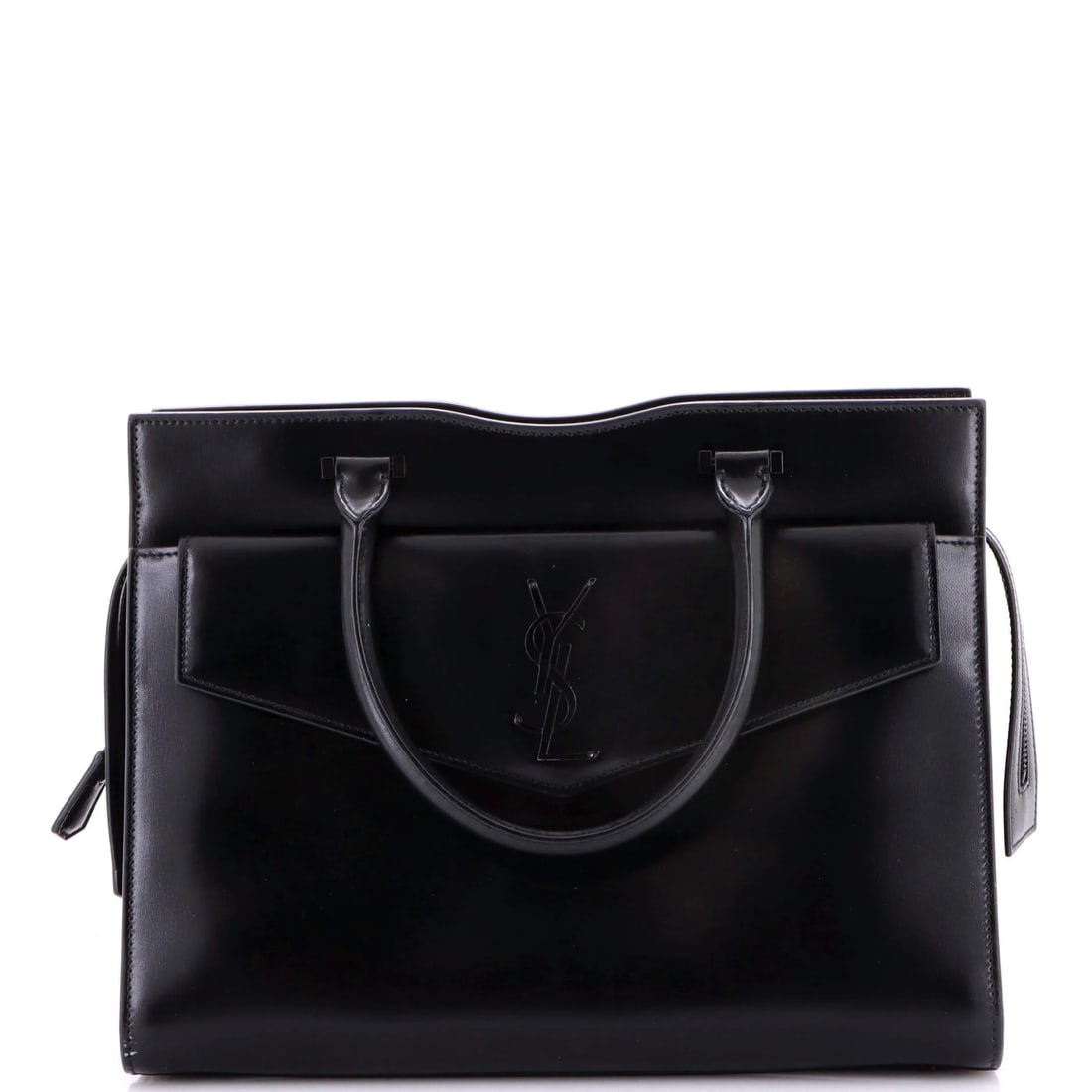 Saint Laurent Uptown Tote Leather Medium: Saint Laurent Uptown Tote Leather Medium Black Saint Laurent Uptown Tote Leather Medium, featuring a medium size with 5" handle drop and 15.5" strap drop, measures 9.5" tall, 12" wide, and 6.5" deep.