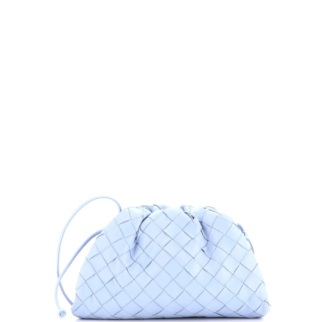 Bottega Veneta The Pouch Intrecciato Nappa Mini: Bottega Veneta The Pouch Intrecciato Nappa Mini Bottega Veneta's The Pouch Intrecciato Nappa Mini boasts sleek, blue leather exterior with intricate intrecciato weave. Measuring just 5" tall and 8.5" 