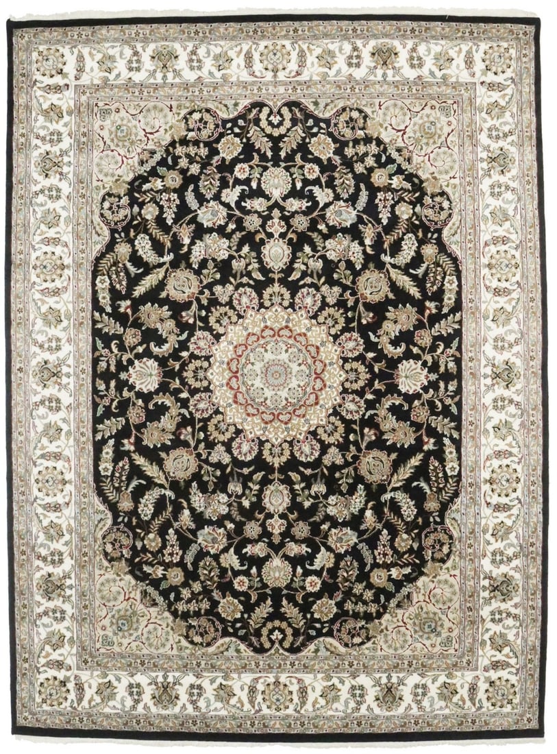 Handmade Indo-Nain Oriental Rug Extra Fine Floral Medallion Wool Carpet 9X12 Ft Hand-Knotted: Handmade Indo-Nain Oriental Rug Extra Fine Floral Medallion Wool Carpet 9X12 Ft Hand-Knotted Hand-knotted in wool and silk, this exquisite 9x12 ft Indo-Nain Oriental rug boasts an intricate floral med