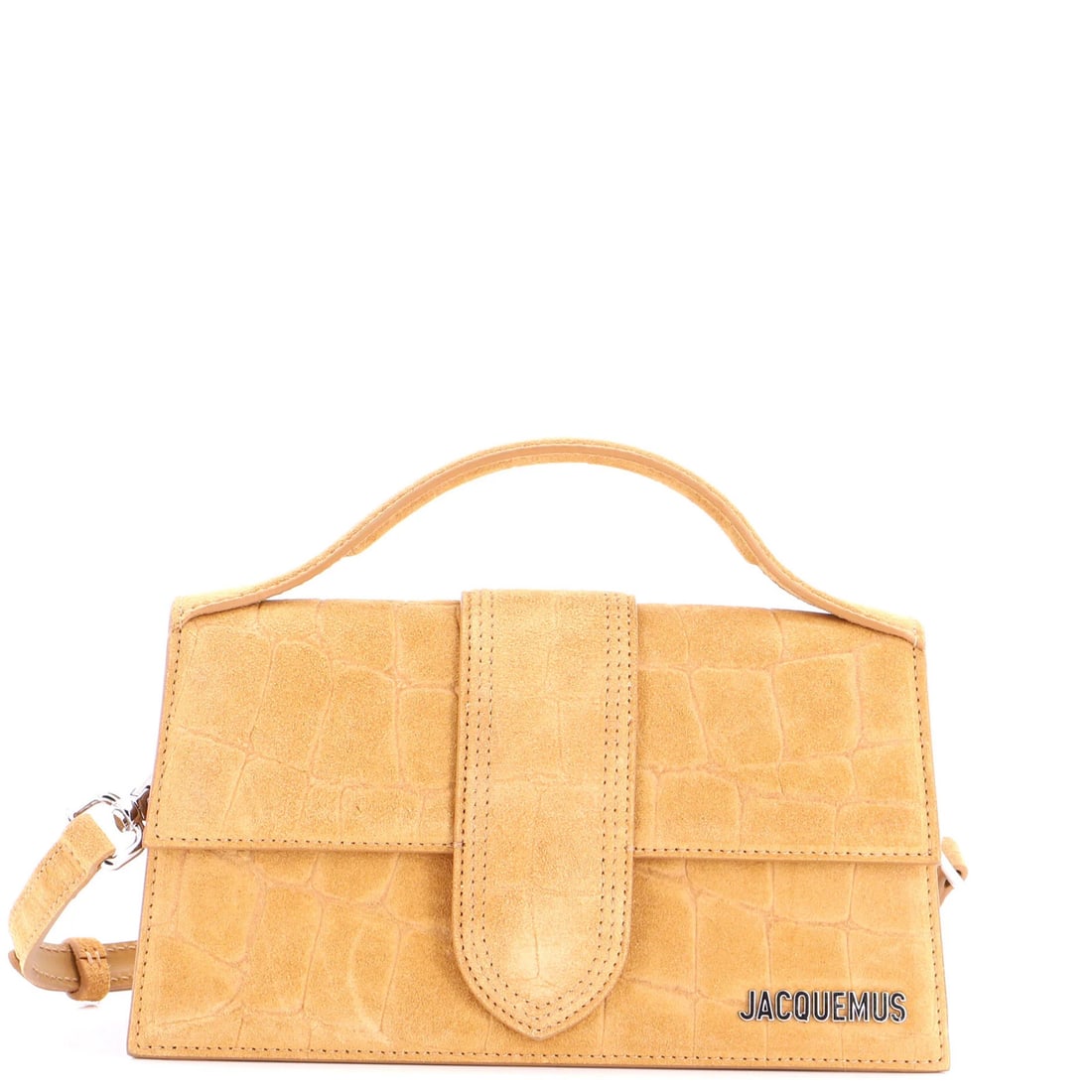 Embossed suede crocodile flap bag bambino grand Jacquemus: Embossed suede crocodile flap bag bambino grand Jacquemus Suede crocodile embossed exterior adds an exotic touch to this luxurious Le Grand Bambino Flap Bag from Jacquemus. The bag's top handle and