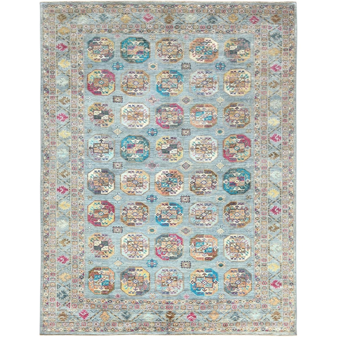 8'8"x11'9" Light Blue Soft Wool Hand Knotted Afghan Super Kazak Rug: 8'8"x11'9" Light Blue Soft Wool Hand Knotted Afghan Super Kazak Rug Soft and vibrant, this Light Blue Soft Wool Hand Knotted Afghan Super Kazak Rug boasts an impressive size at 8'8"x11'9" with a recta