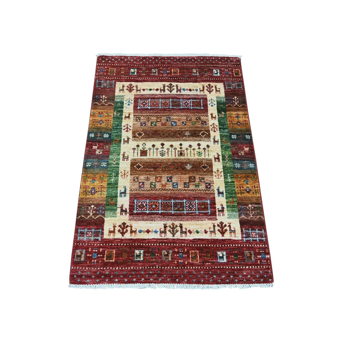 2'9"x4' Red Kashkuli Animal Figurines Hand Knotted Wool Sample Mat Rug (1 of 6)