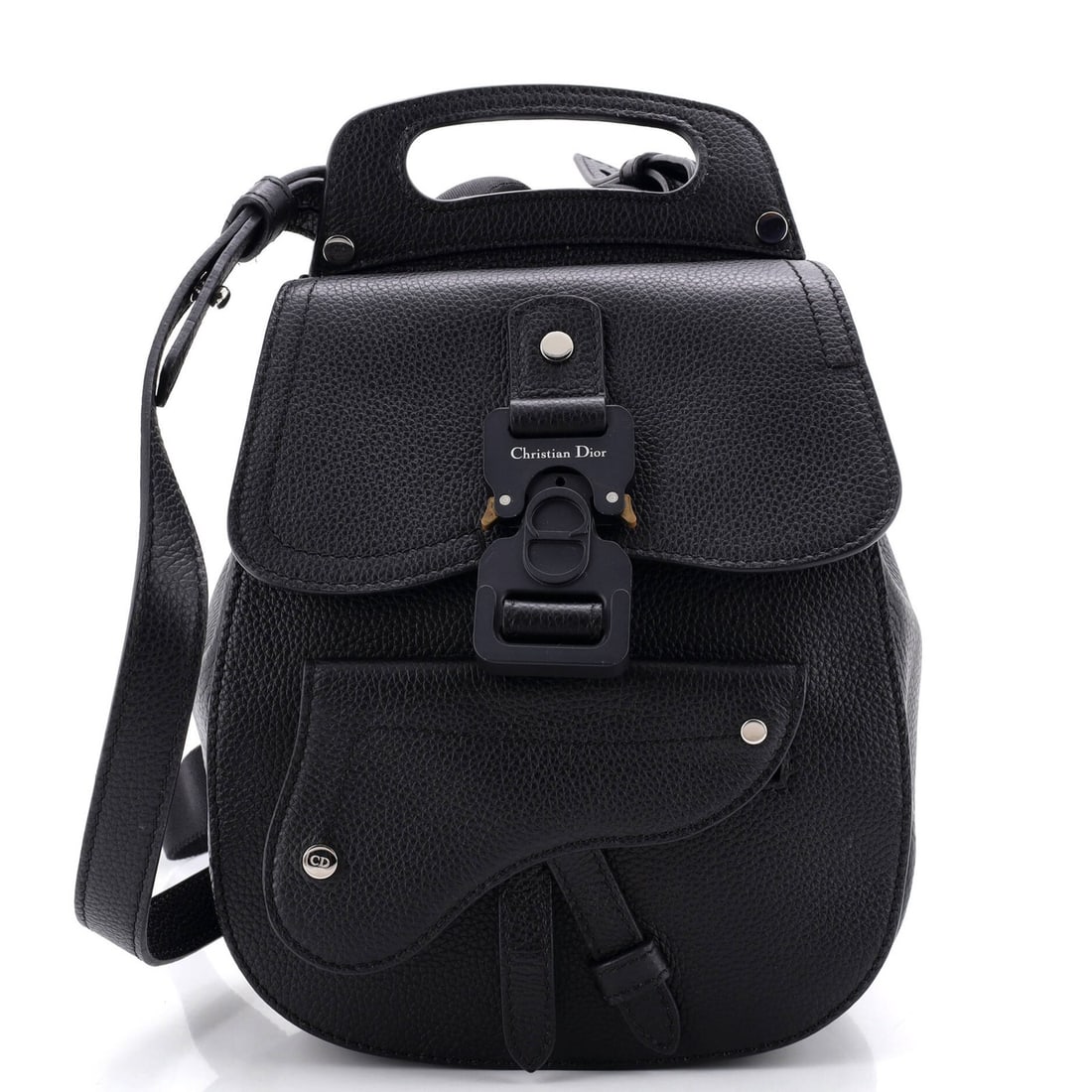 Christian Dior Saddle Leather Mini Backpack: Christian Dior Saddle Leather Mini Backpack This Christian Dior Saddle Leather Mini Backpack boasts sleek black leather exterior and silver hardware, with a compact size perfect for daily essentials. 