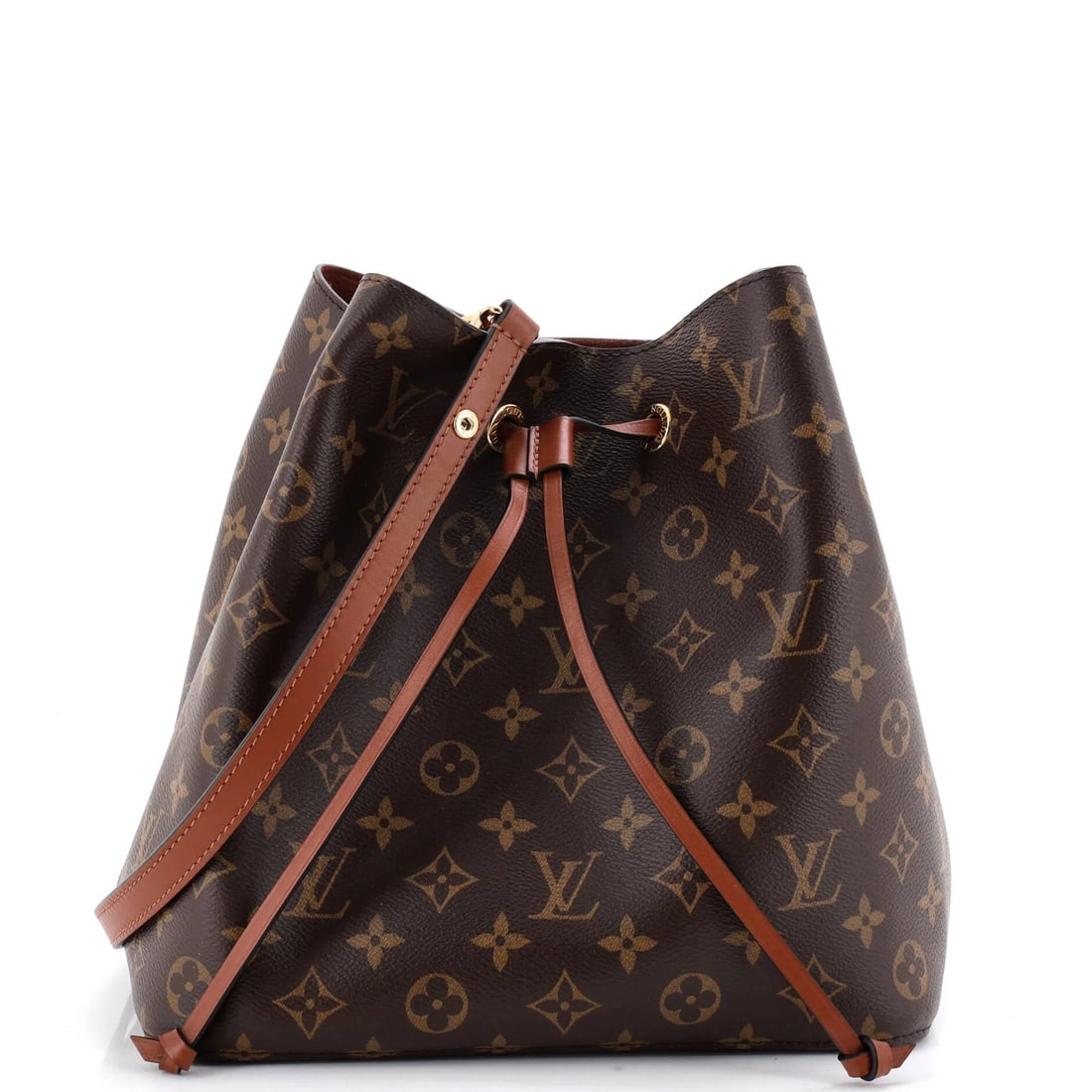Louis Vuitton NeoNoe Handbag Monogram Canvas with Leather MM: Louis Vuitton NeoNoe Handbag Monogram Canvas with Leather MM Brown Louis Vuitton NeoNoe Handbag Monogram Canvas with Leather MM features a classic bucket design, scuffed exterior, and gold hardware.