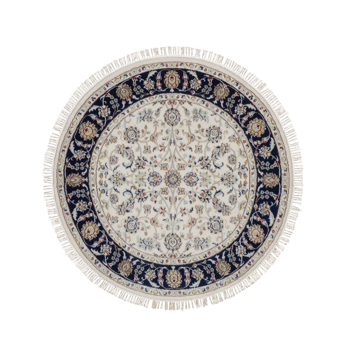 Ivory Nain rug wool silk round hand knotted all over design: Ivory Nain rug wool silk round hand knotted all over design Hand-knotted in wool and silk, this stunning ivory Nain rug boasts an all-over design in muted earth tones. Measuring 49" x 48", its round s
