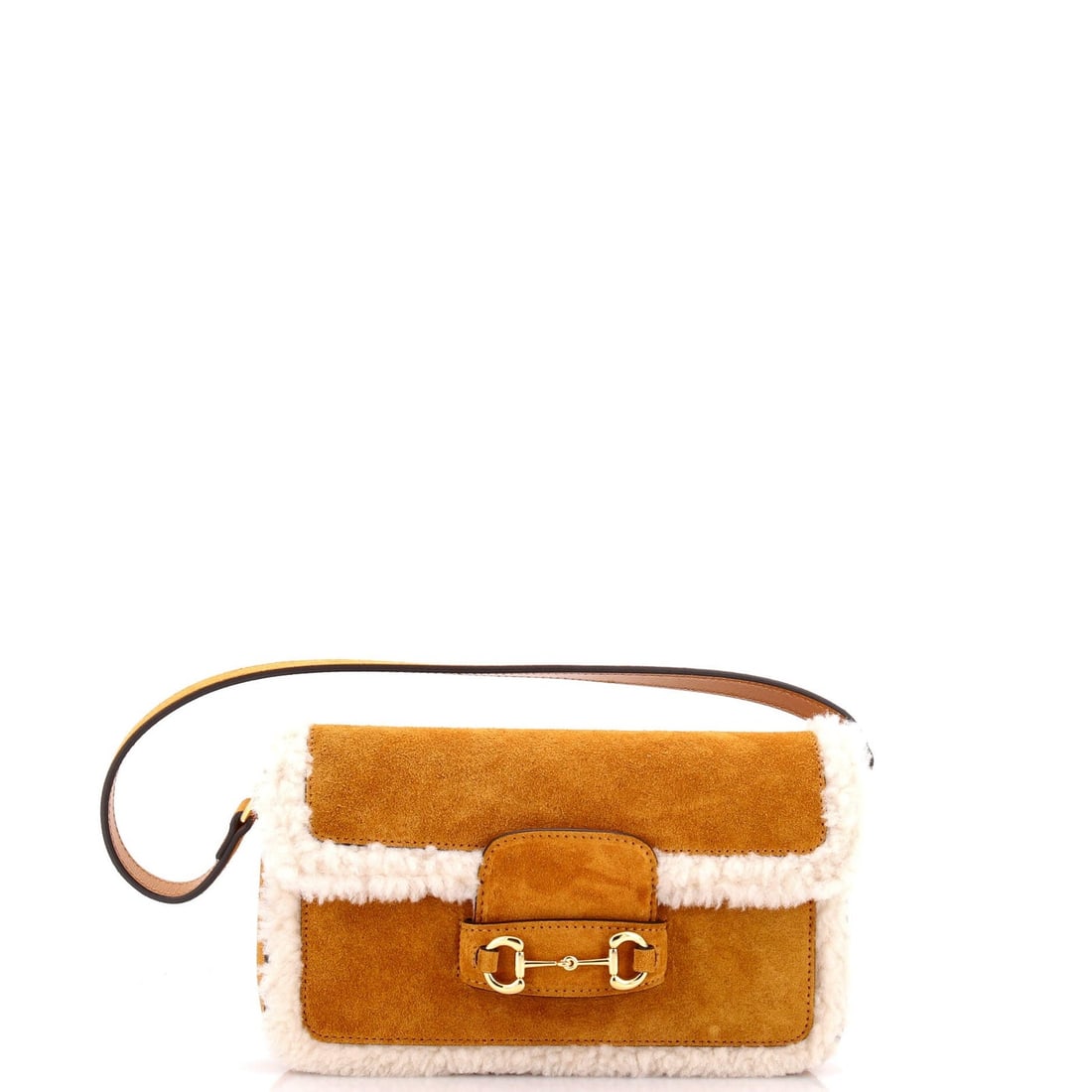 Horsebit 1955 Suede Mini Shoulder Bag Shearling With Gucci: Horsebit 1955 Suede Mini Shoulder Bag Shearling With Gucci The Horsebit 1955 Suede Mini Shoulder Bag from Gucci boasts a luxurious shearling suede exterior in rich brown, complemented by gold
