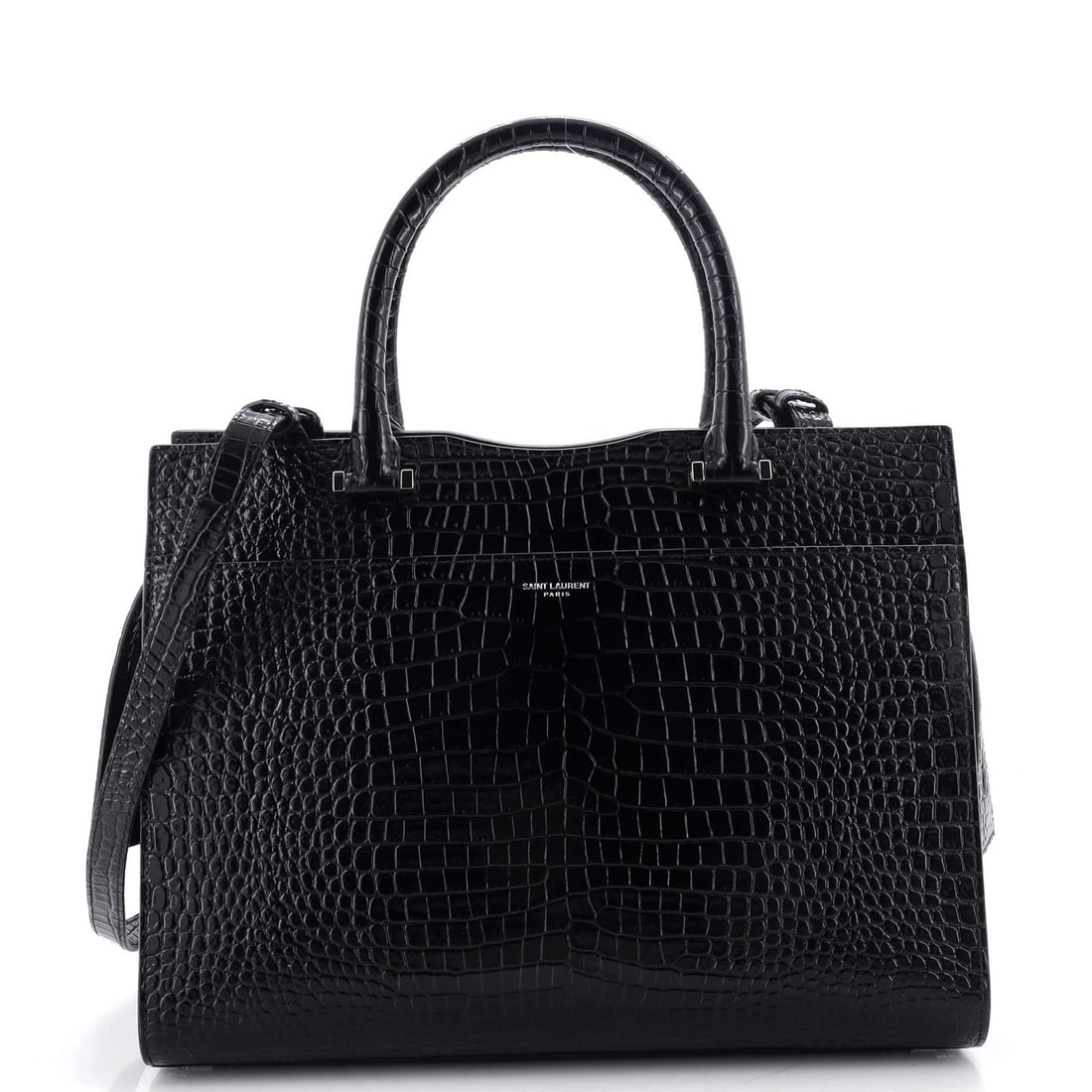 Saint Laurent Crocodile Embossed Leather Tote Medium Uptown: Saint Laurent Crocodile Embossed Leather Tote Medium Uptown Black Crocodile Embossed Leather Medium Uptown Tote with Pochette, featuring a classic design and premium exterior material. The tote