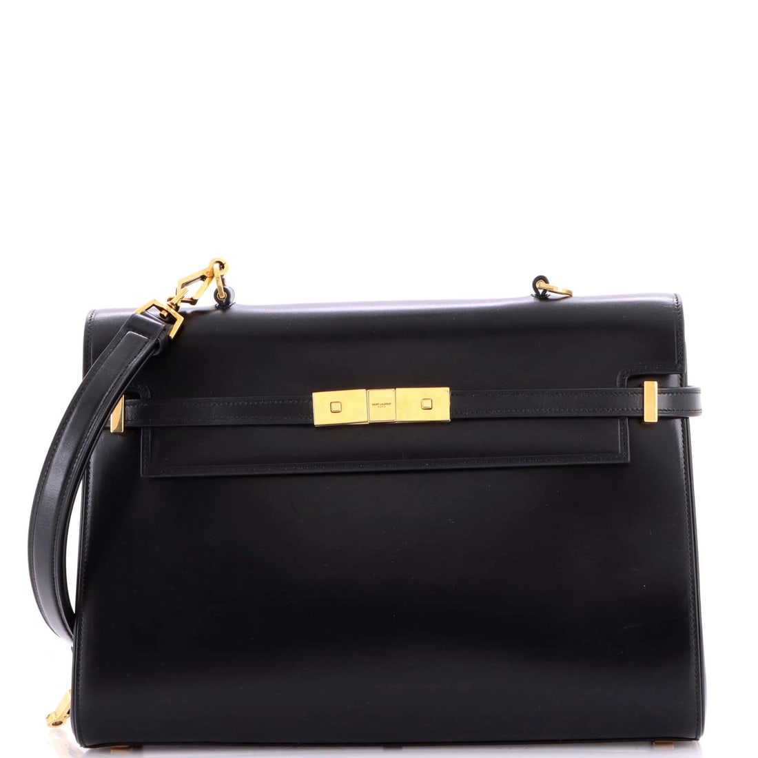Handle flap bag medium canvas leather saint laurent: Handle flap bag medium canvas leather saint laurent Medium canvas leather Saint Laurent Manhattan top handle flap bag with black interior and gold hardware, featuring a classic design with scuffs and 