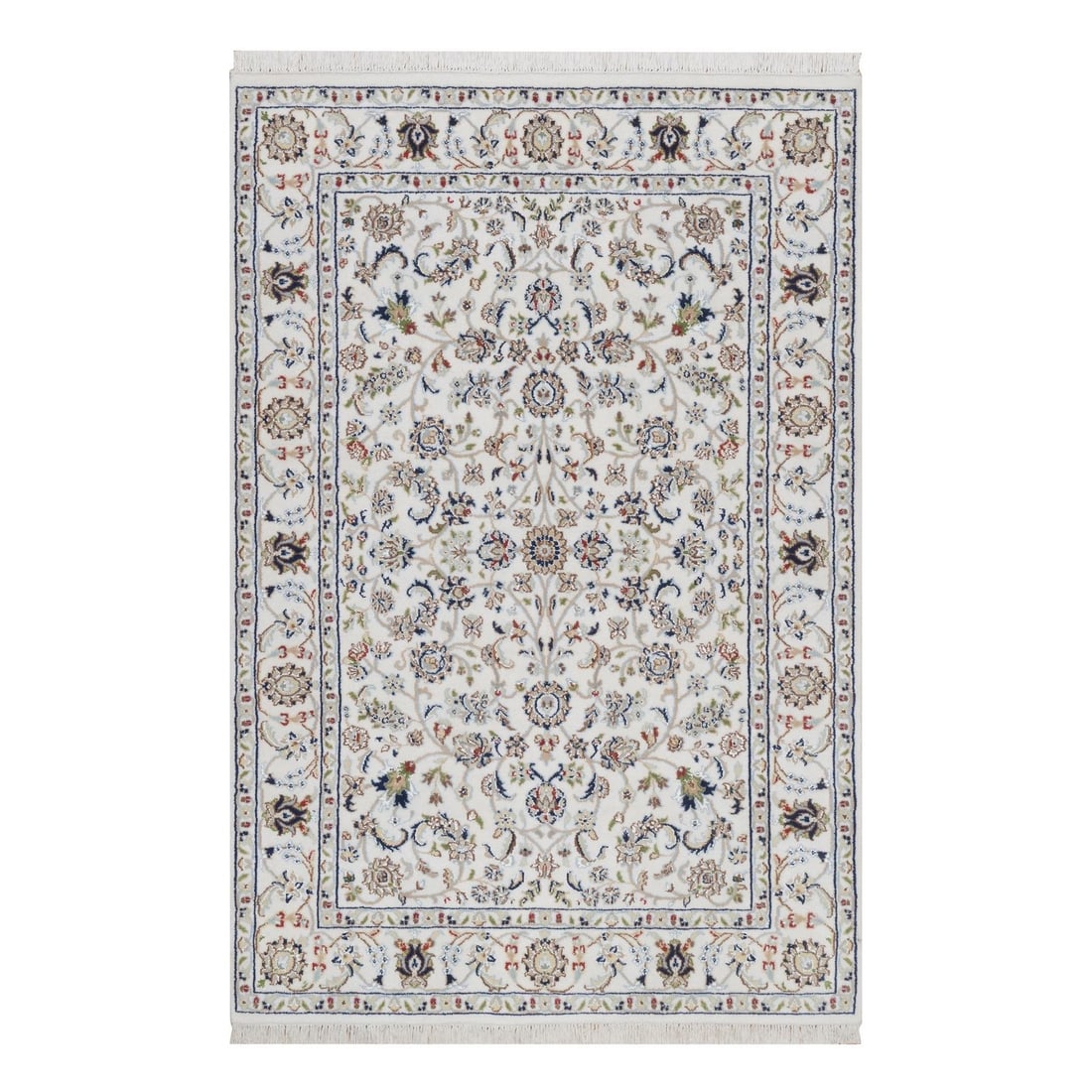 4'1"x6'2" Ivory Nain with Flower Design Hand Knotted Wool and Silk 250 KPSI: 4'1"x6'2" Ivory Nain with Flower Design Hand Knotted Wool and Silk 250 KPSI Hand-knotted wool and silk create an all-over floral design on this stunning 4'1" x 6'2" ivory Nain rug, showcasing the