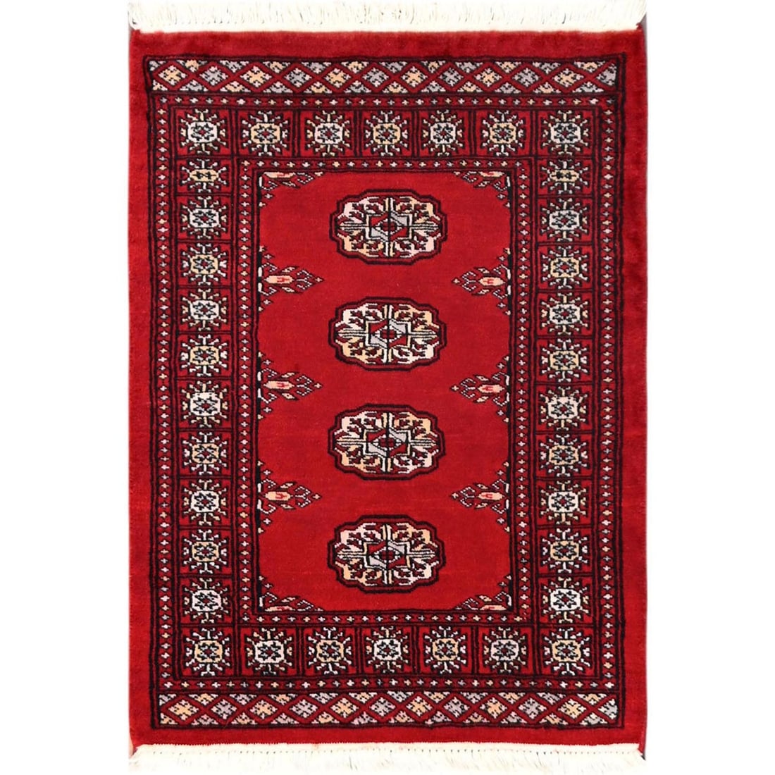 2'1"x3' Red Hand Knotted Rug Princess Bokara Tribal Medallions Soft Wool: 2'1"x3' Red Hand Knotted Rug Princess Bokara Tribal Medallions Soft Wool Red Hand Knotted Rug features a striking geometric pattern in soft wool, characteristic of Bokara design. Made from cotton