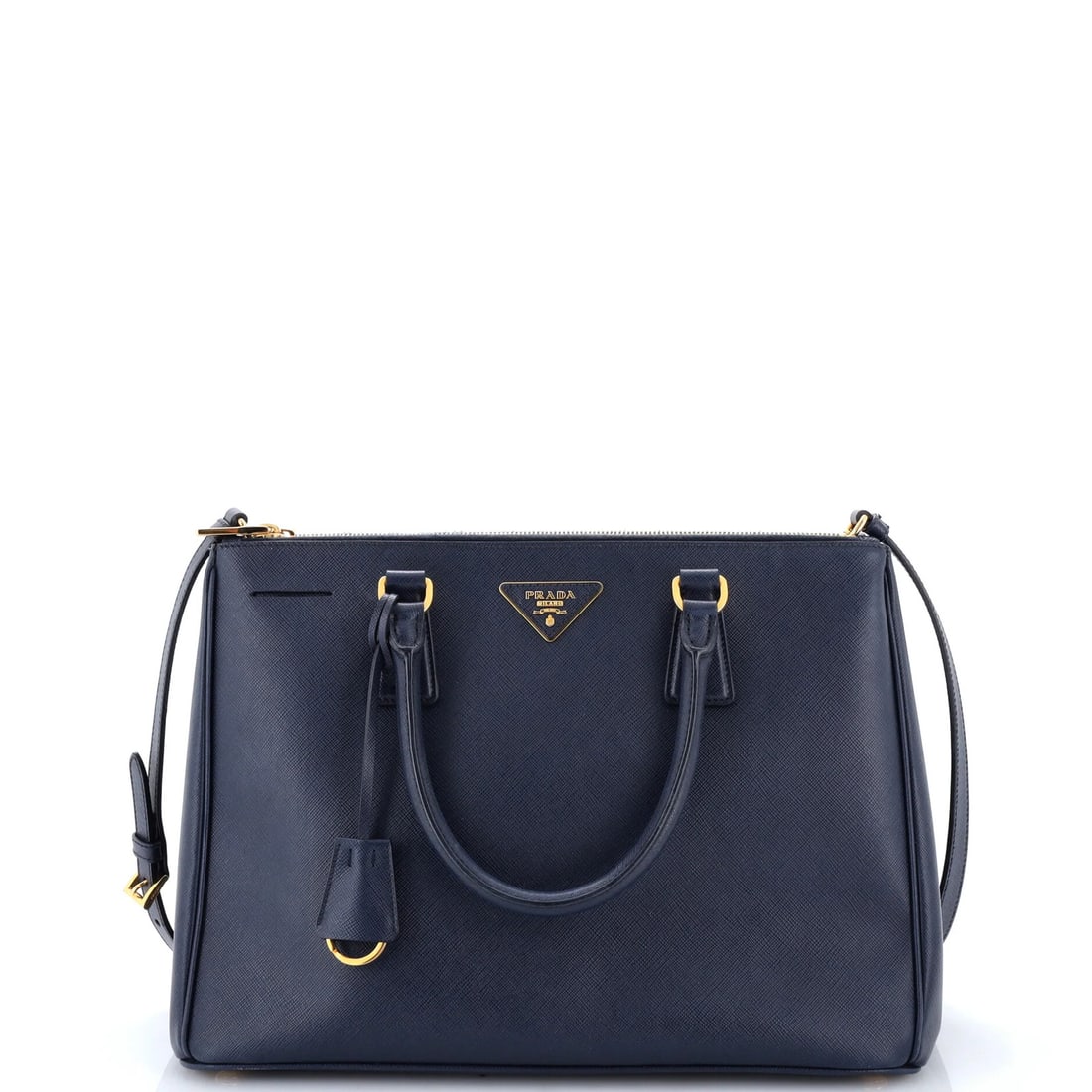 Saffiano leather double zip medium Prada tote Lux: Saffiano leather double zip medium Prada tote Lux Saffiano leather double zip medium Prada tote Lux in blue, featuring a classic design with a luxurious feel. This medium-sized tote boasts a spacious
