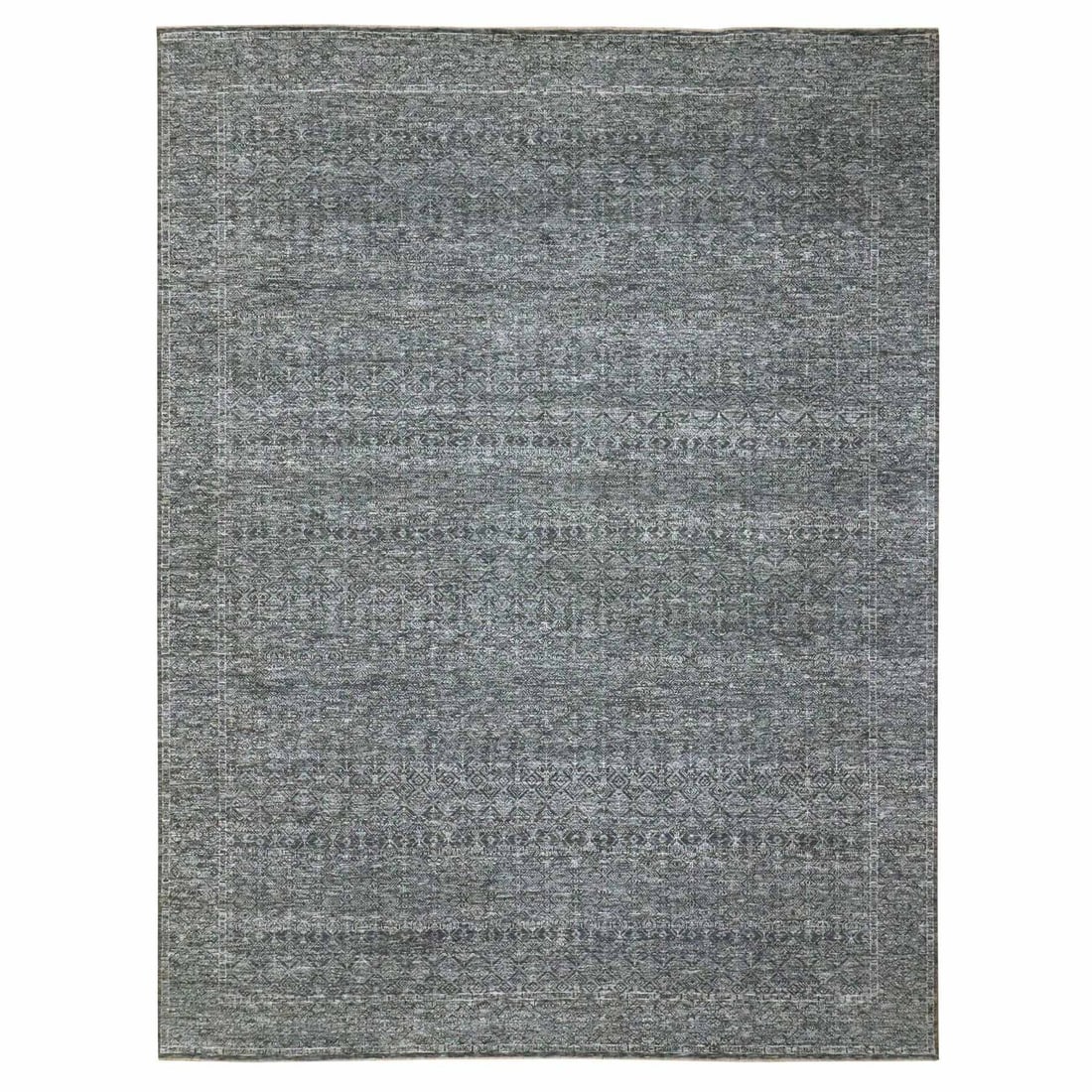 9'2"x12'1" Gray Geometric Garden Pattern Agra Hand Knotted Pure Wool Rug: 9'2"x12'1" Gray Geometric Garden Pattern Agra Hand Knotted Pure Wool Rug This stunning 9'2"x12'1" Gray Geometric Garden Pattern Agra Hand Knotted Pure Wool Rug boasts an intricate geometric design,