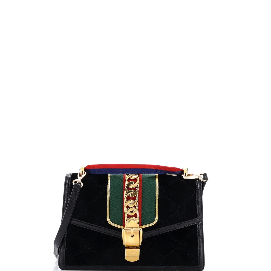 Small GG Velvet Sylvie Gucci Bag: Small GG Velvet Sylvie Gucci Bag Small GG Velvet Sylvie Gucci Bag in black velvet exterior, featuring an extra strap for adjustable comfort. This cross-body bag measures 6" high, 10" wide, and 3"