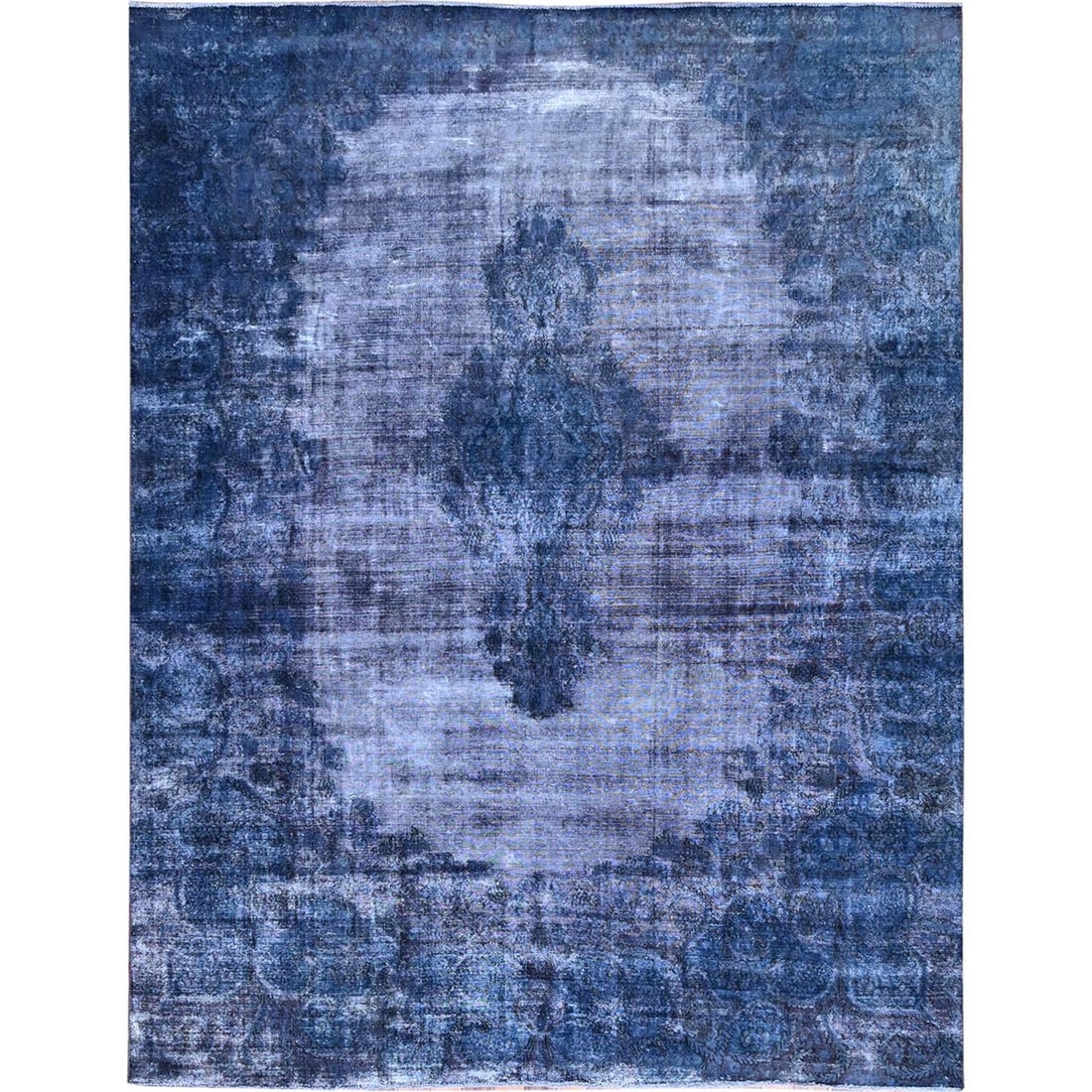 Soft wool rug blue worn hand knotted overdyed 8'3"x10'9: Soft wool rug blue worn hand knotted overdyed 8'3"x10'9 Softly glowing blue, this hand-knotted wool rug boasts an overdyed patina that adds depth and character to its already rich history. Measuring