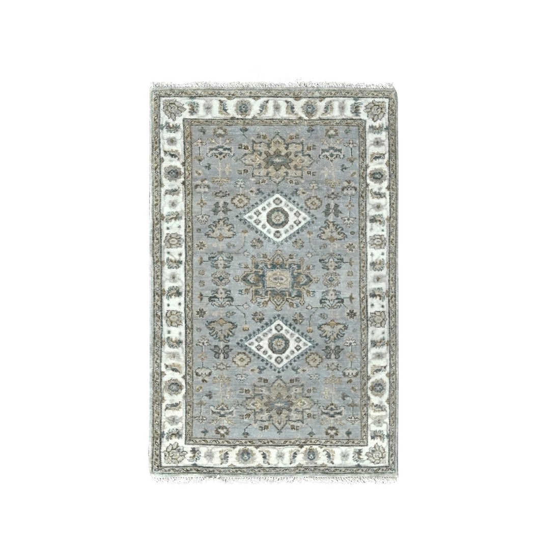 3'1"x5' Gray Hand Knotted Karjihooz and Geometric Design Organic Wool Rug: 3'1"x5' Gray Hand Knotted Karjihooz and Geometric Design Organic Wool Rug Hand-knotted in wool, this 3'1"x5'0" Karjihooz-style rug boasts a stunning geometric design and grey field color. Made from