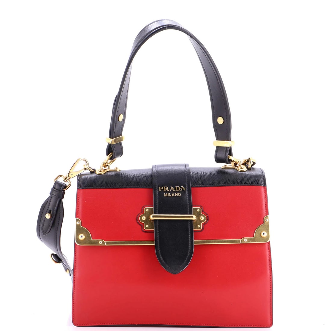 Prada Cahier Convertible Shoulder Bag City Calf and Saffiano Medium: Prada Cahier Convertible Shoulder Bag City Calf and Saffiano Medium Red Prada Cahier Convertible Shoulder Bag in Medium Saffiano Leather with City Calf details, featuring an aged gold hardware and