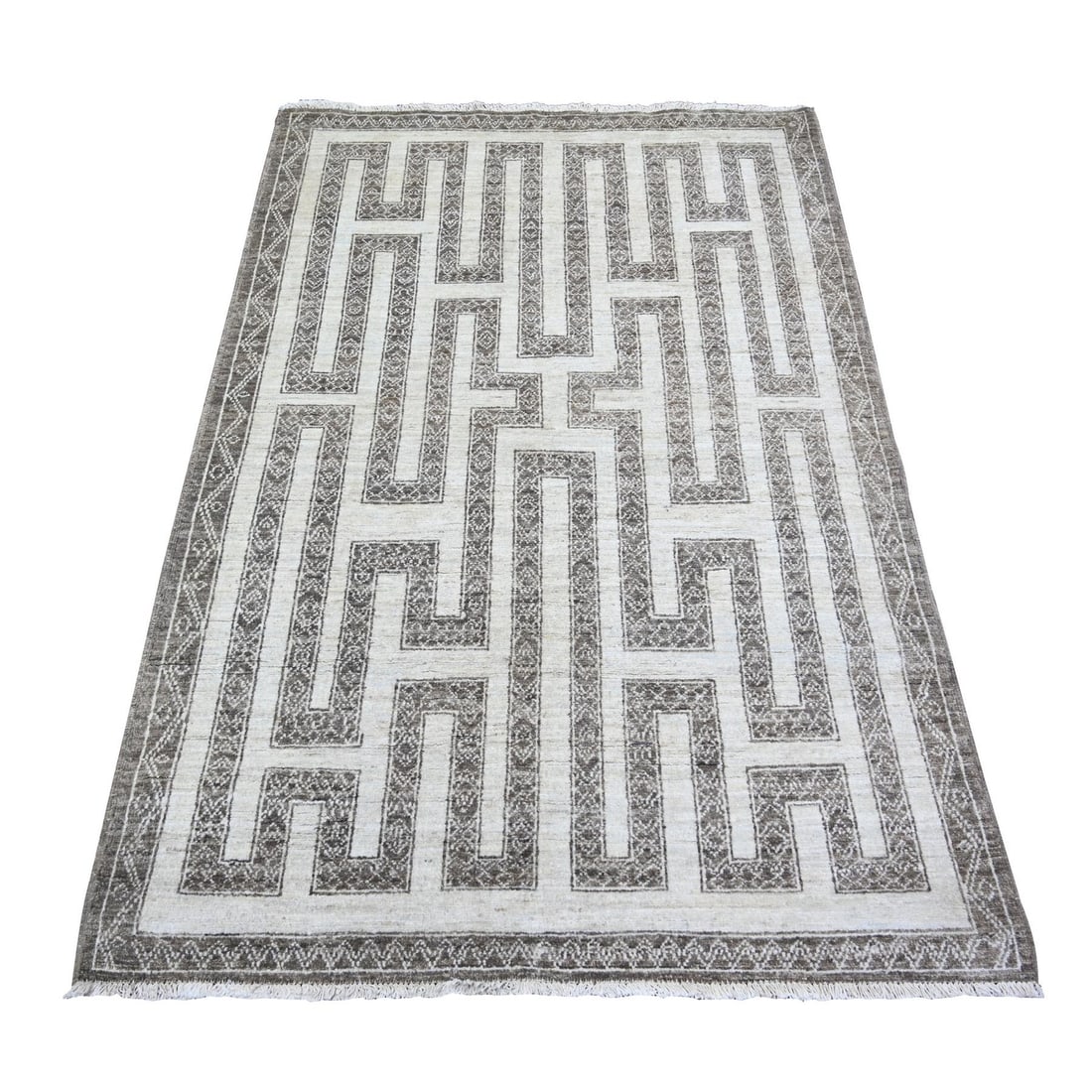 4'x5'8" Taupe Brown Fine Peshawar Wool Hand Knotted Oriental Rug: 4'x5'8" Taupe Brown Fine Peshawar Wool Hand Knotted Oriental Rug This stunning 4'x5'8" Taupe Brown Fine Peshawar Wool Hand Knotted Oriental Rug boasts a rich, earthy tone and intricate regional
