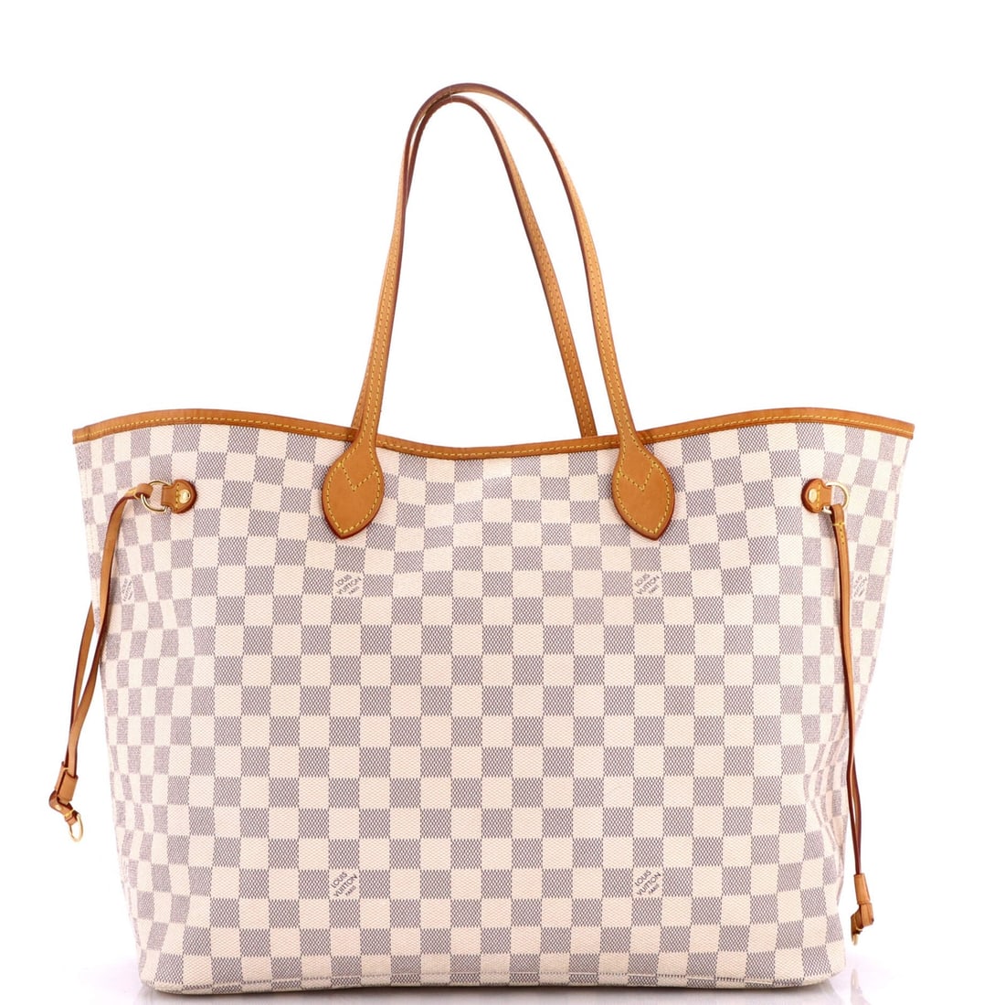 Damier GM Neverfull Tote Vuitton Louis: Damier GM Neverfull Tote Vuitton Louis White Damier GM canvas coated Louis Vuitton Neverfull Tote features a classic design with heavy edge wear, scuffs, and creases. The tote's neutral interior provi