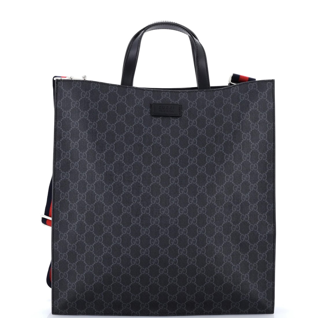 Convertible Soft Open Tote Gucci Canvas Coated Tall: Convertible Soft Open Tote Gucci Canvas Coated Tall Black canvas coated Gucci convertible soft open tote with silver hardware, featuring a tall design and adjustable strap. The exterior shows minor