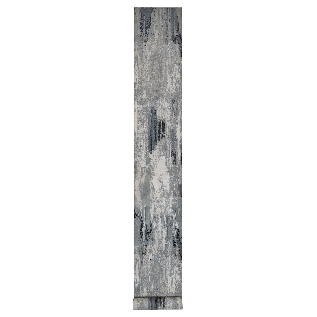 2'5"x21'8" Black-Ivory Abstract Design Hand Knotted Wool & Silk Runner Rug: 2'5"x21'8" Black-Ivory Abstract Design Hand Knotted Wool & Silk Runner Rug This stunning hand-knotted wool and silk runner rug boasts an intricate abstract design in rich ivory hues, set against a
